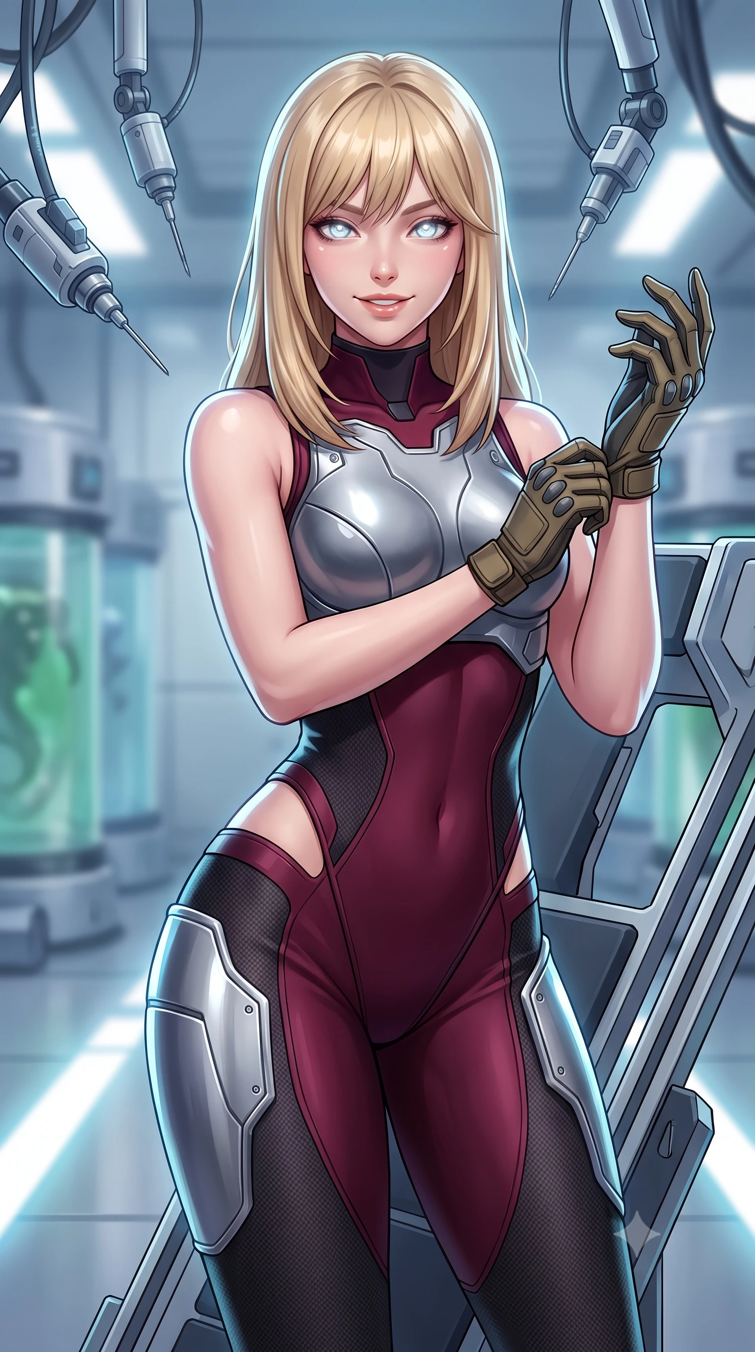 score_9, masterpiece, best quality, ultra-detailed, high-budget anime keyframe, semi-realistic 3D game render, editorial fashion photography, tasteful artistic composition, Japanese woman. close-up cowboy shot from the waist and thighs up, the character dominates the composition, filling the frame with her large presence. adjusting her tactical glove with cool confidence, her bright smile capturing fresh girlhood charm while her arched torso reveals an intoxicating hip contour while leaning against the bionic calibration cradle with hips cocked back, looking into the camera with an enchanting smile and glowing optic eyes. The background shows a soft-focus suspended robotic calibration needles and sterile bio-gel tanks softened in advanced laboratory shallow focus. She has an exceptionally elegant, slender, and willowy female figure with an ultra-slim waist, flat toned midriff, narrow ribcage, and sculpted feminine hips creating an alluring, slim hourglass silhouette without bulk. sharp v-shaped jawline, high-bridge nose, intricate jewel-like sparkling eyes with depth, thick eyelashes, glossy parted lips with a natural sheen, bright confident smile with an enchanting and coquettish sensual glint, exuding both youthful magnetic charm and sovereign high-tech allure, flawlessly proportioned anatomical accuracy, strict slender model proportions, natural body alignment, perfectly sculpted long slender limbs, ultra-slim waistline, clean dynamic posture without body distortion. wearing a sculpted titanium-alloy breastplate bodice worn over an ultra-tight matte stretch bodysuit with side hip cutouts in deep wine crimson and dark carbon weave, tailored from brushed aeronautical titanium alloy with matte satin sheen, accented with strategically placed chrome armor plate guards covering key curves, the liquid-tight tailored fabric clinging flawlessly to her narrow waist and rounded feminine hips, emphasizing every millimeter of her sculpted slim hourglass curves without any bulky heaviness. illuminated by floor light strips and sharp icy-platinum rim lights defining her sculpted collarbones, ultra-slim waist, and curvy hips. highly saturated vibrant anime colors, detailed shading with soft gradients, rich glossy textures, high-contrast stereoscopic depth, volumetric dynamic lighting, master piece, 9:16 ratio