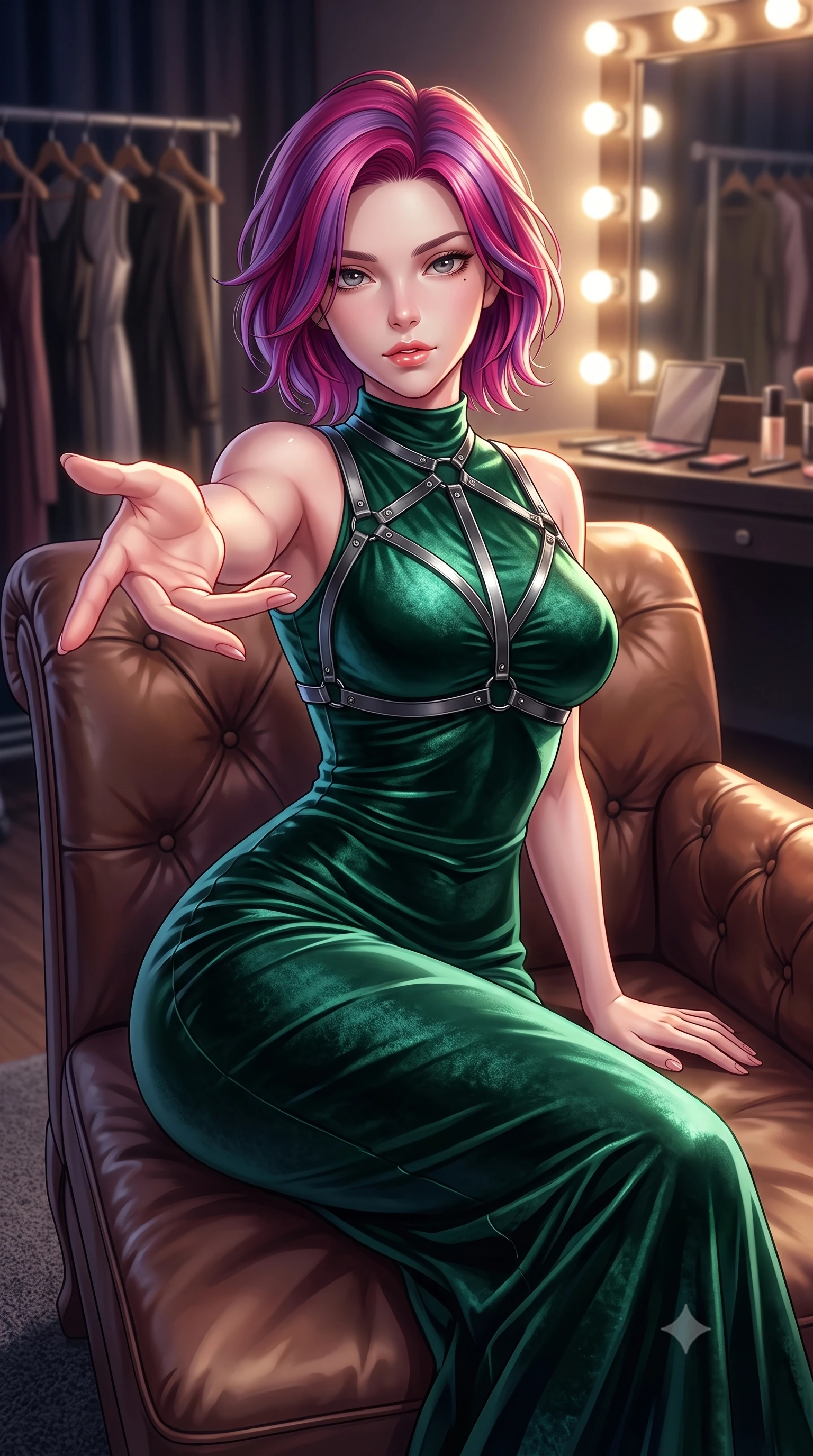 score_9, masterpiece, best quality, ultra-detailed, high-budget anime keyframe, editorial fashion photography, tasteful artistic composition, Caucasian woman. close-up cowboy shot from the waist and thighs up, the character dominates the composition, filling the frame with her large presence, background elements kept in soft focus. Reaching one hand toward the viewer with relaxed sensual elegance, resting on a leather chaise in a secluded backstage fashion suite, sharp v-shaped jawline and glossy lips glinting under key studio rays. She has an exceptionally elegant, slender, and willowy female figure with an ultra-slim waist, a gracefully sculpted slender torso, and a refined silhouette. sharp v-shaped jawline, high-bridge nose, intricate jewel-like eyes with depth, thick eyelashes, glossy lips with a natural sheen. wearing fitted liquid mercury jersey maxi dress hugging every curve in deep emerald green, made of crushed dark silk velvet, highlighted by a gunmetal metallic harness structure, following her slender form with tailored precision. illuminated by warm glowing vanity bulbs casting multi-directional rim lights. highly saturated vibrant anime colors, detailed shading with soft gradients, rich glossy textures, high-contrast stereoscopic depth, volumetric dynamic lighting, master piece, 9:16 ratio