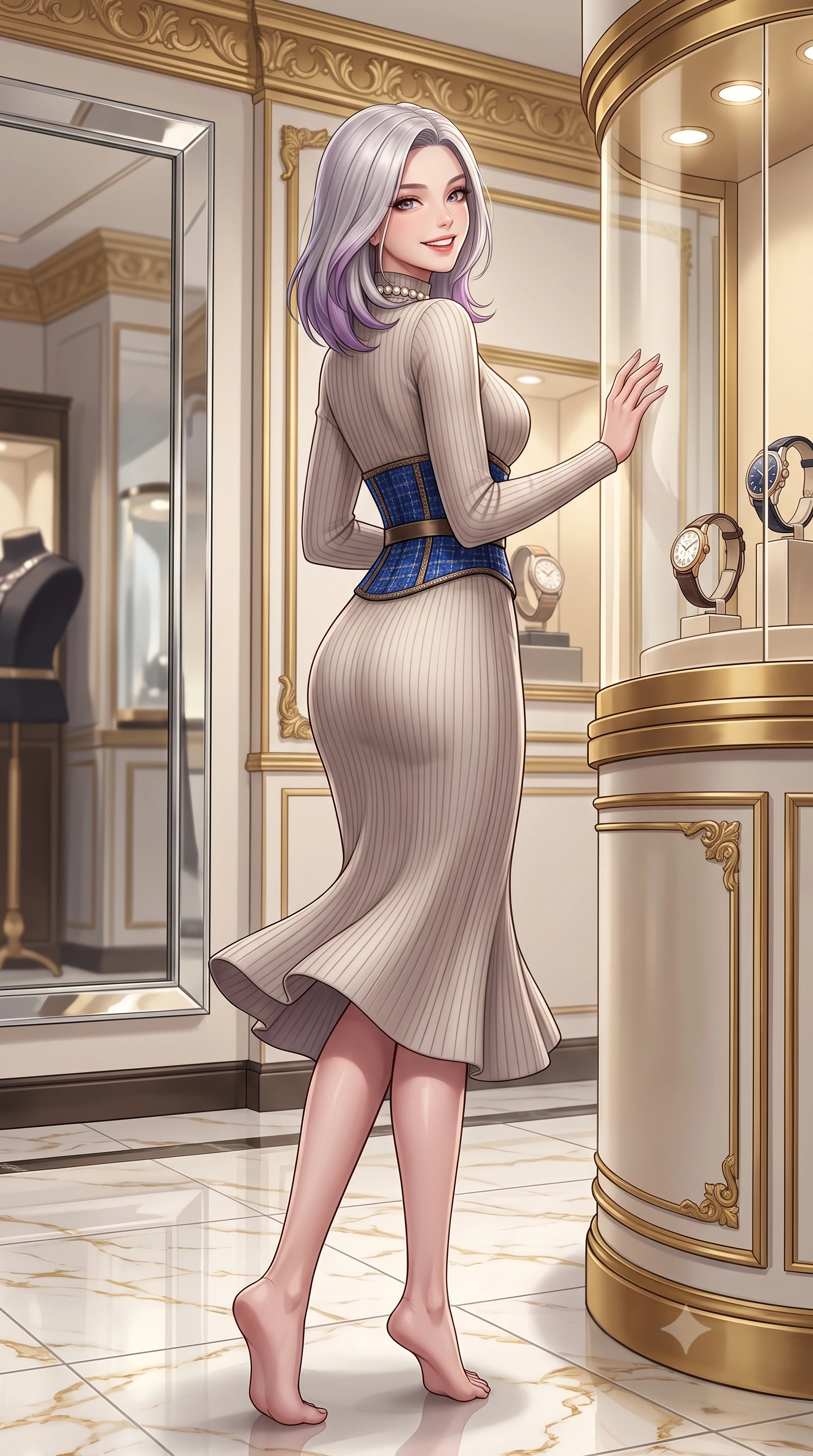 score_9, masterpiece, best quality, ultra-detailed, high-budget anime keyframe, semi-realistic 3D game render, editorial fashion photography, tasteful artistic composition, Caucasian woman. low angle full-body shot from head to toe showing her feet, filling the entire 9:16 vertical frame with her statuesque presence, stretching her vertical silhouette. executing an elegant pivot turn as the hem of her form-fitting knit sways rhythmically, glancing back with joyful radiance and seductive allure while leaning gracefully against the curved gilded vitrine examining a luxury timepiece, her posture straight and commanding with aristocratic cool. The surrounding environment is rendered in vivid detail and crisp panoramic clarity: sharp beveled mirror frames, polished Calacatta gold marble floor veining, and gilded acanthus leaf moldings in deep focus. She has an exceptionally tall and slender model-like 8.5-heads proportion, an ultra-slim waist, a flat toned midriff, narrow delicate ribcage, and beautifully sculpted feminine hips creating a graceful, slim hourglass silhouette without any bulky heaviness, with impossibly long slender legs. sharp v-shaped jawline, high-bridge nose, intricate jewel-like sparkling eyes with depth, thick eyelashes, glossy parted lips with a natural peach sheen, bright cheerful beaming smile with an enchanting and coquettish sensual glint, exuding both youthful cute charm and seductive allure, flawlessly proportioned anatomical accuracy, strict slender model proportions, natural body alignment, perfectly sculpted long slender limbs, ultra-slim waistline, clean dynamic posture without body distortion. wearing a form-contouring ribbed cashmere mock-neck knit bodycon dress clinging like a second skin, paired with a tailored tweed waist cincher in royal sapphire blue and antique brushed bronze, tailored from premium double-knit ponte with sleek sculpting hold and smooth contours, complemented by an antique baroque pearl choker accentuating her delicate neck and collarbones, the liquid-tight tailored fabric clinging flawlessly to her narrow waist and rounded feminine hips, emphasizing every millimeter of her sculpted slim hourglass curves without any bulky heaviness. illuminated by polished marble floor bounce and pristine champagne rim lights defining her razor-sharp jawline and elegant tailored silhouette. highly saturated vibrant anime colors, detailed shading with soft gradients, rich glossy textures, high-contrast stereoscopic depth, volumetric dynamic lighting, master piece, 9:16 ratio