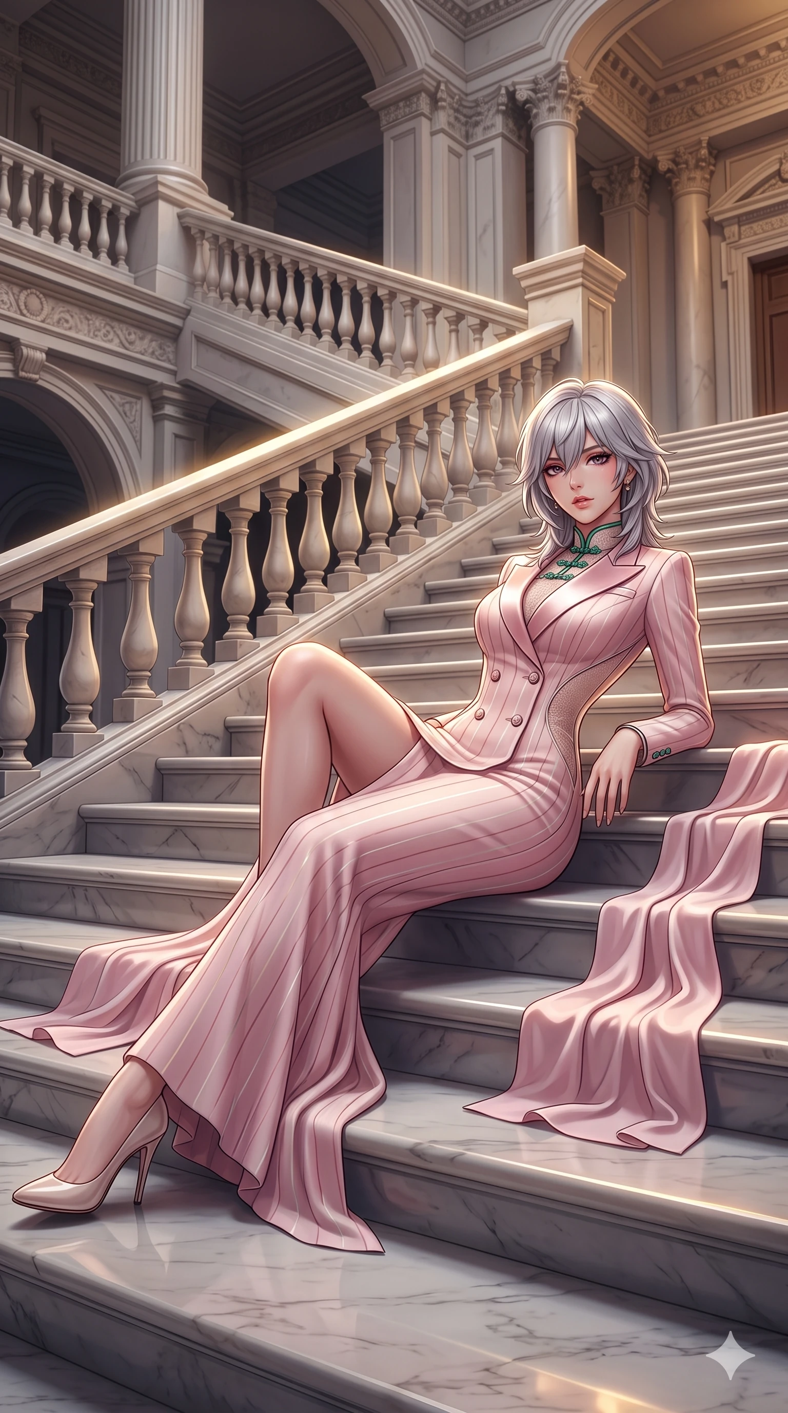 score_9, masterpiece, best quality, ultra-detailed, high-budget anime keyframe, semi-realistic 3D game render, editorial fashion photography, tasteful artistic composition, Japanese woman. low angle full-body shot from head to toe showing her feet, filling the entire 9:16 vertical frame with her statuesque presence, stretching her vertical silhouette. reclining on her side in an elegant Cleopatra pose with one knee drawn up, the dramatic contour of her rounded hips and long slender legs commanding the 9:16 vertical frame while standing poised halfway down the sweeping grand staircase, arching her lower back with sovereign authority as her flowing silk train drapes along the steps. The surrounding environment is rendered in vivid detail and crisp panoramic clarity: intricate second-skin silk jersey tailoring, sheer side mesh panels, and monumental neoclassical architecture in razor-sharp clarity. She has an exceptionally tall and slender model-like 8.5-heads proportion, an ultra-slim waist, a flat toned midriff, narrow delicate ribcage, and beautifully sculpted feminine hips creating a graceful, slim hourglass silhouette without any bulky heaviness, with impossibly long slender legs. sharp v-shaped jawline, high-bridge nose, intricate jewel-like sparkling eyes with depth, thick eyelashes, glossy parted lips with a natural sheen, intensely captivating and seductive bedroom-eyes expression, exuding both youthful cute charm and sovereign luxury allure, flawlessly proportioned anatomical accuracy, strict slender model proportions, natural body alignment, perfectly sculpted long slender limbs, ultra-slim waistline, clean dynamic posture without body distortion. wearing a tailored double-breasted tuxedo evening dress with structured satin lapels and metallic pinstripes in sakura blossom pink and warm ivory, crafted from bespoke double-faced cashmere with an exceptionally soft tactile finish, finished with sleek jade frog closures glinting along her high collar, the bespoke structured tailoring following the natural line of her 8.5-heads silhouette with refined elegance. illuminated by white marble floor bounce and sharp diamond-gold rim lights carving her sculpted collarbones, ultra-slim waist, and curvy hips. highly saturated vibrant anime colors, detailed shading with soft gradients, rich glossy textures, high-contrast stereoscopic depth, volumetric dynamic lighting, master piece, 9:16 ratio