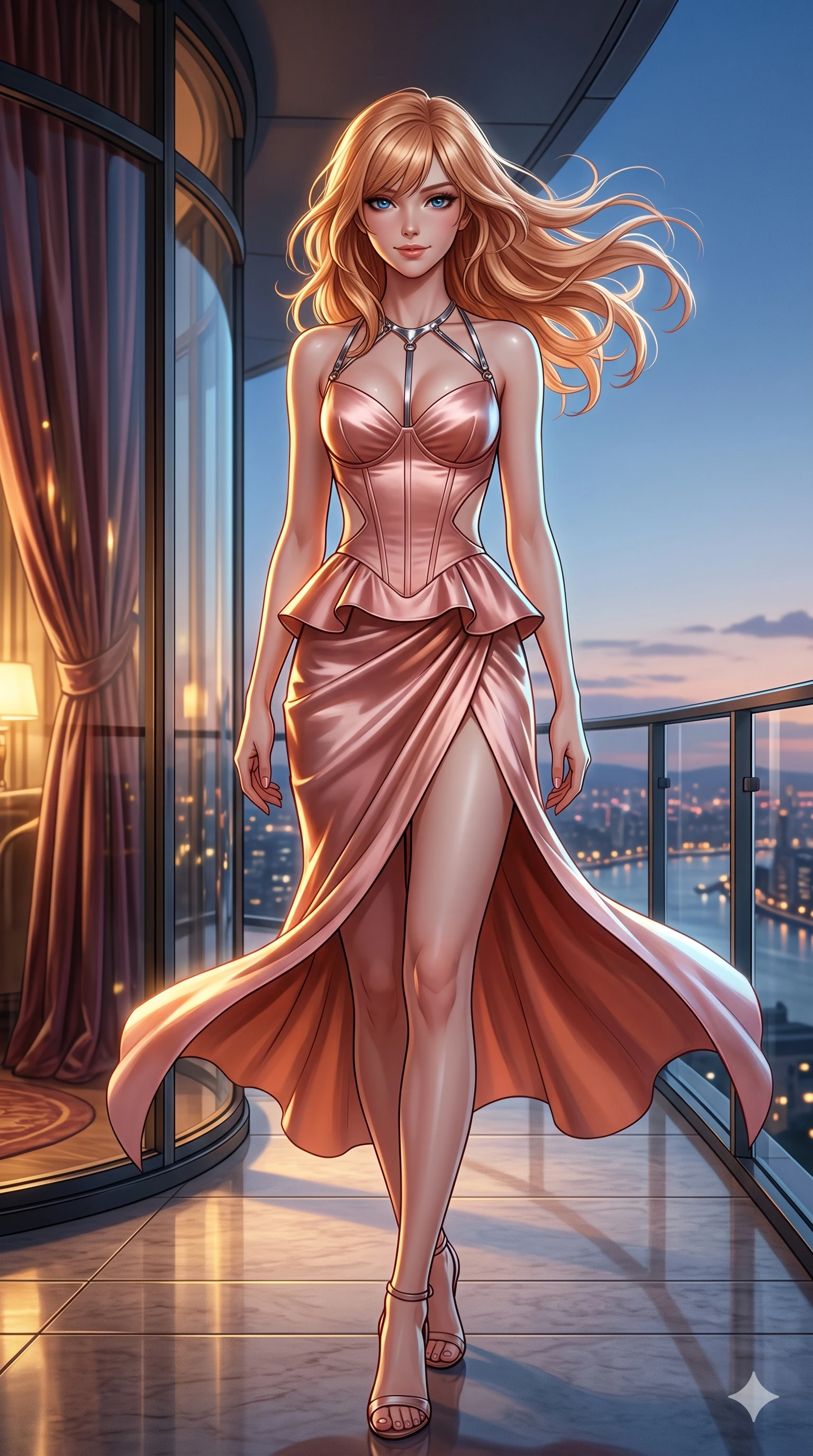 score_9, masterpiece, best quality, ultra-detailed, high-budget anime keyframe, semi-realistic 3D game render, editorial fashion photography, tasteful artistic composition, Caucasian woman. low angle full-body shot from head to toe showing her feet, filling the entire 9:16 vertical frame with her statuesque presence, stretching her vertical silhouette. striding across the penthouse terrace as river breezes whip her high-slit dress open, accentuating her long slender legs and curvy hips while turning slowly with an enchanting smoldering smile, her glossy hair tossing in the breeze as her hips angle gracefully in a captivating contrapposto. The background shows a soft-focus curved Art Deco glass windows and heavy velvet drapes softened in glamorous cinematic shallow focus. She has an exceptionally tall and slender model-like 8.5-heads proportion, an ultra-slim waist, a flat toned midriff, narrow delicate ribcage, and beautifully sculpted feminine hips creating a graceful, slim hourglass silhouette without any bulky heaviness, with impossibly long slender legs. sharp v-shaped jawline, high-bridge nose, intricate jewel-like sparkling eyes with depth, thick eyelashes, glossy parted lips with a natural sheen, intensely captivating and seductive bedroom-eyes expression, exuding both youthful cute charm and sovereign luxury allure, flawlessly proportioned anatomical accuracy, strict slender model proportions, natural body alignment, perfectly sculpted long slender limbs, ultra-slim waistline, clean dynamic posture without body distortion. wearing a modern peplum corset dress with side-waist diamond cutouts and an ultra-tight silhouette in rose-quartz blush and burnished copper, tailored from smooth liquid silk satin that clings smoothly to her narrow waist and rounded hips with a dewy sheen, accented with a chrome-drop body harness subtly framing her dewy collarbones and spine, the high-slit wrap tailoring accentuating her ultra-slim waistline and the enchanting curve of her feminine hips with alluring seductive charm. illuminated by floor reflections and sharp gold-cyan rim lights defining her razor-sharp jawline, narrow waist, and curvy hips. highly saturated vibrant anime colors, detailed shading with soft gradients, rich glossy textures, high-contrast stereoscopic depth, volumetric dynamic lighting, master piece, 9:16 ratio
