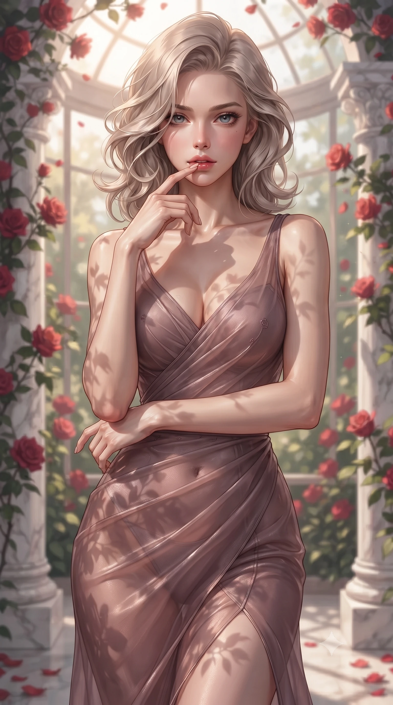 score_9, masterpiece, best quality, ultra-detailed, high-budget anime keyframe, editorial fashion photography, tasteful artistic composition, Caucasian woman. close-up cowboy shot from the waist and thighs up, the character dominates the composition, filling the frame with her large presence, background elements kept in soft focus. pressing one finger to her bottom lip in a thoughtful, seductive gesture under the warm sun the background shows a soft-focus a secluded rose garden glasshouse with climbing red roses and white marble pillars. She has an exceptionally elegant, slender, and willowy female figure with an ultra-slim waist, a gracefully sculpted slender torso, and a refined silhouette. sharp v-shaped jawline, high-bridge nose, intricate jewel-like eyes with depth, thick eyelashes, glossy lips with a natural sheen. wearing a form-contouring sheer organza dress in dusty mauve, showing her slender torso and willowy silhouette. soft morning sun rays casting elegant shadows of leaves and petals. ultra-reflective glossy finish, specular highlights, metallic sheen, high-contrast stereoscopic depth, volumetric dynamic lighting, 2k, ultra detail, master piece, 9:16 ratio