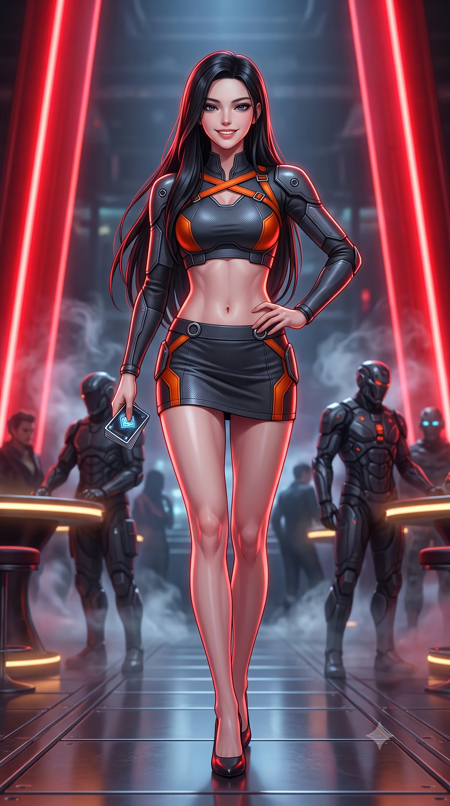 score_9, masterpiece, best quality, ultra-detailed, high-budget anime keyframe, semi-realistic 3D game render, editorial fashion photography, tasteful artistic composition, Korean woman. low angle full-body shot from head to toe showing her feet, filling the entire 9:16 vertical frame with her statuesque presence, stretching her vertical silhouette. striding forward gracefully across the reflective metal deck in mid-motion with a radiant beaming smile, hips swaying in an alluring kinetic rhythm that accentuates her curvy hourglass silhouette and long slender legs while standing poised between soaring red neon columns with hips cocked, holding an electronic card deck while casting a smoldering, sovereign gaze. The background shows a soft-focus dark patrons in cybernetic suits and swirling atmospheric vapors softened in gritty high-stakes casino shallow focus. She has an absolutely perfect, statuesque 8.5-heads proportion, an exceptionally tall and slender model-like female figure with impossibly long slender legs, an ultra-slim waist, a flat toned midriff, narrow delicate ribcage, and beautifully sculpted feminine hips creating a graceful, slim hourglass silhouette without any bulky heaviness. sharp v-shaped jawline, high-bridge nose, intricate jewel-like sparkling eyes with depth, thick eyelashes, glossy parted lips with a natural sheen, bright confident smile with an enchanting and coquettish sensual glint, exuding both youthful magnetic charm and sovereign high-tech allure, flawlessly proportioned anatomical accuracy, strict slender model proportions, natural body alignment, perfectly sculpted long slender limbs, ultra-slim waistline, clean dynamic posture without body distortion. wearing a modern mecha-suit two-piece set featuring a cropped armored bolero top and micro tactical skirt with chrome rings in stealth charcoal slate and molten laser orange, crafted from lightweight aerodynamic matte carbon-fiber weave with structural stiffness, finished with criss-cross Kevlar tactical straps tracing her graceful shoulder blades, the form-fitting tactical tailoring adhering flawlessly to her sculpted flat midriff and slender torso, emphasizing her long leg lines and perfectly proportioned willowy build. illuminated by glowing table surfaces and sharp scarlet rim lights carving her sculpted collarbones, ultra-slim waist, and curvy hips. highly saturated vibrant anime colors, detailed shading with soft gradients, rich glossy textures, high-contrast stereoscopic depth, volumetric dynamic lighting, master piece, 9:16 ratio
