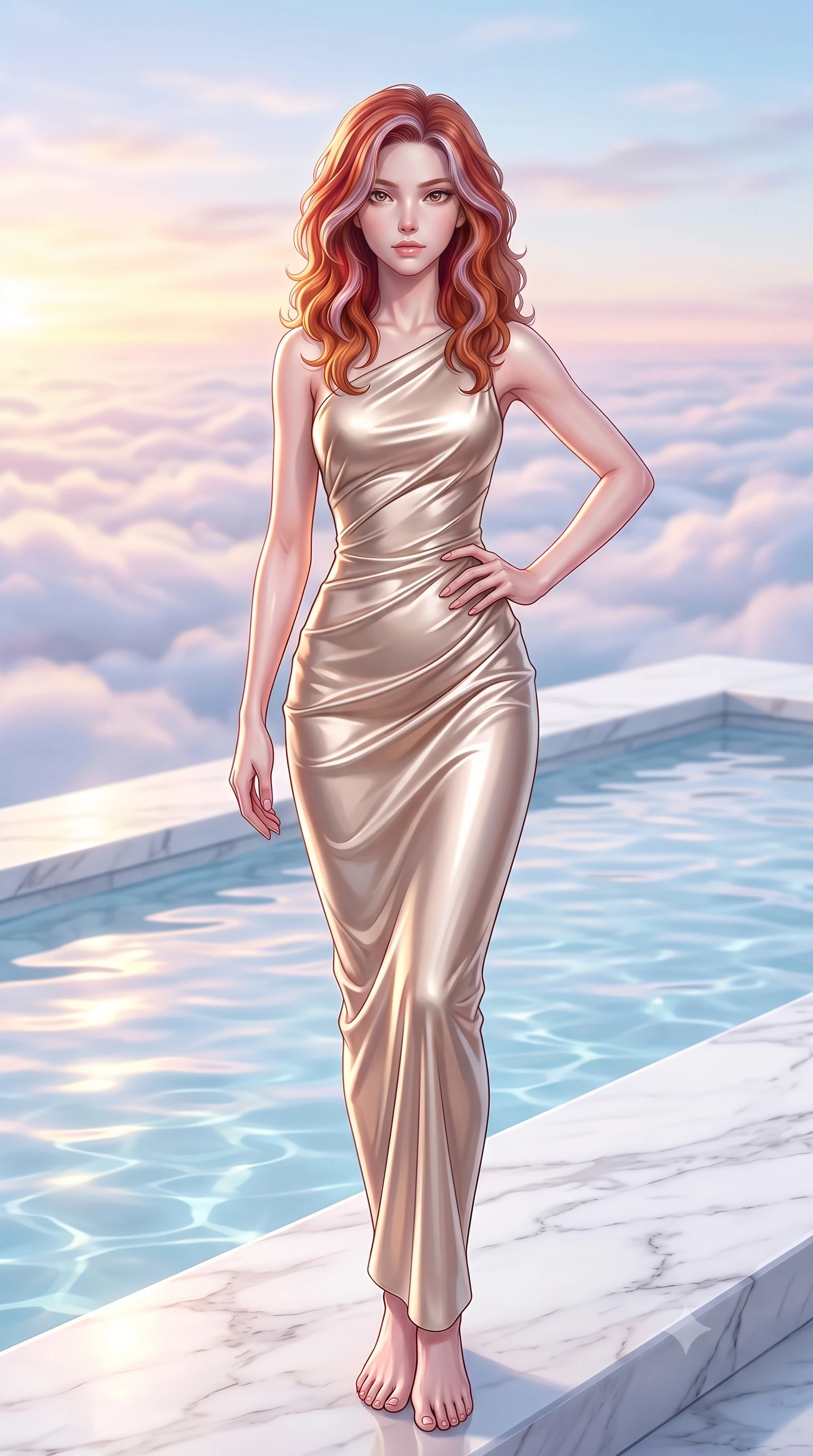 score_9, masterpiece, best quality, ultra-detailed, high-budget anime keyframe, editorial fashion photography, tasteful artistic composition, Caucasian woman woman. low angle full-body shot from head to toe showing her feet, filling the entire 9:16 vertical frame with her statuesque presence, stretching her vertical silhouette. She has an absolutely perfect, statuesque 8.5-heads proportion, an exceptionally tall and slender model-like female figure with impossibly long slender legs and an ultra-slim waist. standing victorious in a commanding statuesque pose, filling the frame with her slender presence, flawlessly proportioned anatomical accuracy, natural body alignment, perfectly sculpted elegant limbs, clean dynamic posture without body distortion. set against a soft-focus background of a white marble terrace pool above a sea of clouds. wearing a sculpted champagne satin bodycon gown following her slender silhouette like liquid metal. bathed in soft pastel dawn light reflecting off clear water onto her refined features. highly saturated vibrant anime colors, detailed shading with soft gradients, rich glossy textures, high-contrast stereoscopic depth, volumetric dynamic lighting, master piece, 9:16 ratio