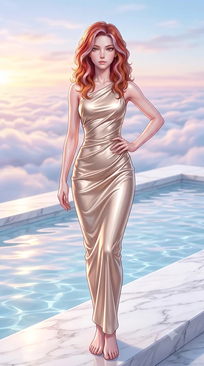 score_9, masterpiece, best quality, ultra-detailed, high-budget anime keyframe, editorial fashion photography, tasteful artistic composition, Caucasian woman woman. low angle full-body shot from head to toe showing her feet, filling the entire 9:16 v