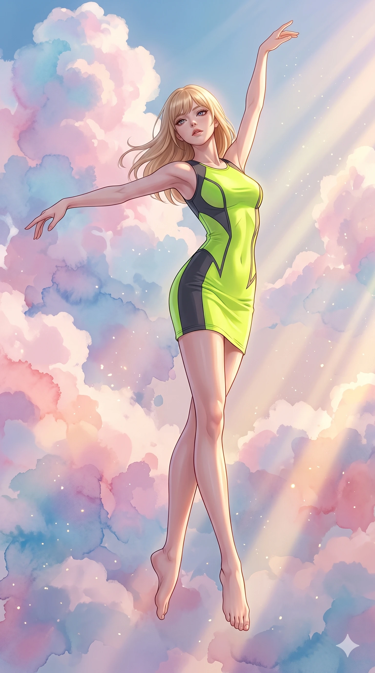 score_9, masterpiece, best quality, ultra-detailed, high-budget anime keyframe, editorial fashion photography, tasteful artistic composition, Japanese woman. low angle full-body shot from head to toe showing her feet, filling the entire 9:16 vertical frame with her statuesque presence, stretching her vertical silhouette. pirouetting mid-air inside floating among enormous clouds that are made of spreading watercolor washes in soft pastel tones each cloud a living painting that bleeds and blooms color into the surrounding atmosphere. She has a statuesque 8.5-heads proportion, an exceptionally tall, slender and willowy model-like build with impossibly long legs and a highly sculpted ultra-slim waist. sharp v-shaped jawline, high-bridge nose, intricate jewel-like eyes with depth, thick eyelashes, glossy lips with a natural sheen. wearing a form-fitting athletic-cut dress in a neon lime and charcoal colorway, with sculpted seams that trace and emphasize her narrow waistline. golden hour sunlight streaming in warm shafts with floating dust particles catching the light. 2k, ultra detail, master piece, 9:16 ratio