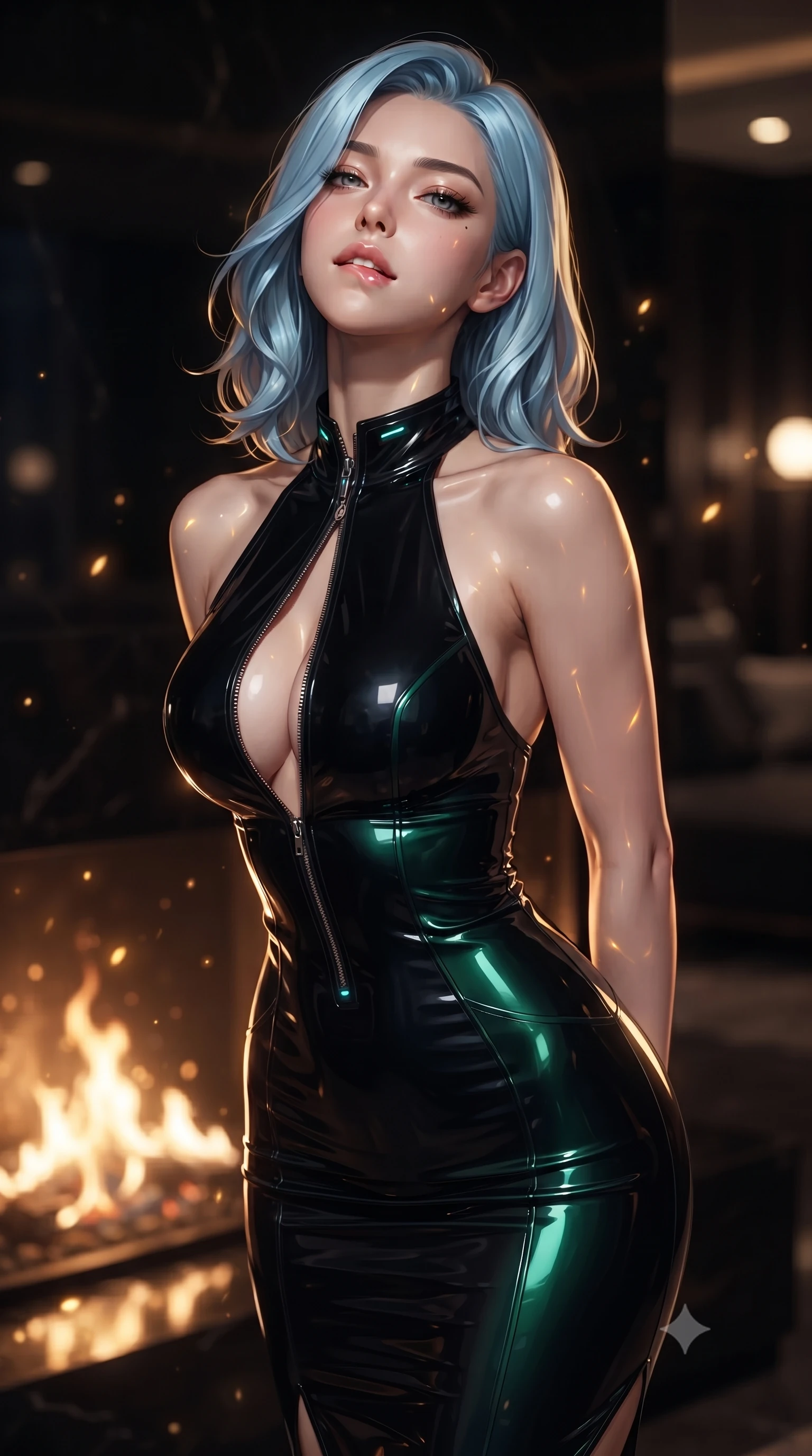 score_9, masterpiece, best quality, ultra-detailed, high-budget anime keyframe, editorial fashion photography, tasteful artistic composition, Korean woman. close-up cowboy shot from the waist and thighs up, the character dominates the composition, filling the frame with her large presence. tilting her head back with a sensual alluring expression, exposing her throat and shoulders to the camera with heavy lashes and softly parted glossy lips while biting her lower lip with a dangerous, tempting smolder while pivoting dynamically near the glowing fireplace hearth as warm dancing embers cast flicking S-curve light on her skin. The composition keeps background elements in soft focus with creamy bokeh. flickering fireplace embers scattering warm golden light motes across a dark penthouse backdrop. She has an exceptionally elegant, slender, and willowy female figure with an ultra-slim waist, a gracefully sculpted slender torso, toned flat midriff, and a refined slim silhouette. sharp v-shaped jawline, high-bridge nose, intricate jewel-like eyes with depth, thick eyelashes, glossy lips with a natural sheen, flawlessly proportioned anatomical accuracy, strict slender model proportions, natural body alignment, perfectly sculpted long slender limbs, ultra-slim waistline, clean dynamic posture without body distortion. wearing a velvet halter-neck midi dress fitting her statuesque contour flawlessly with a Tasteful chest slit and open spine in high-gloss lacquer black and electric emerald highlights, crafted from ultra-reflective second-skin latex with a high-gloss glass-like polish, featuring a dangerously unzipped neckline framed by subtle glowing cybernetic accents, the precision-cut daring openings accentuating her delicate midriff, graceful bare collarbones, and ultra-slim feminine waistline. illuminated by sharp golden-amber rim lights tracing her ultra-slim waist, flat midriff, and sculpted collarbones. ultra-reflective glossy finish, specular highlights, dark metallic sheen, deep chiaroscuro contrast, volumetric dynamic shadow lighting, 2k, ultra detail, master piece, 9:16 ratio