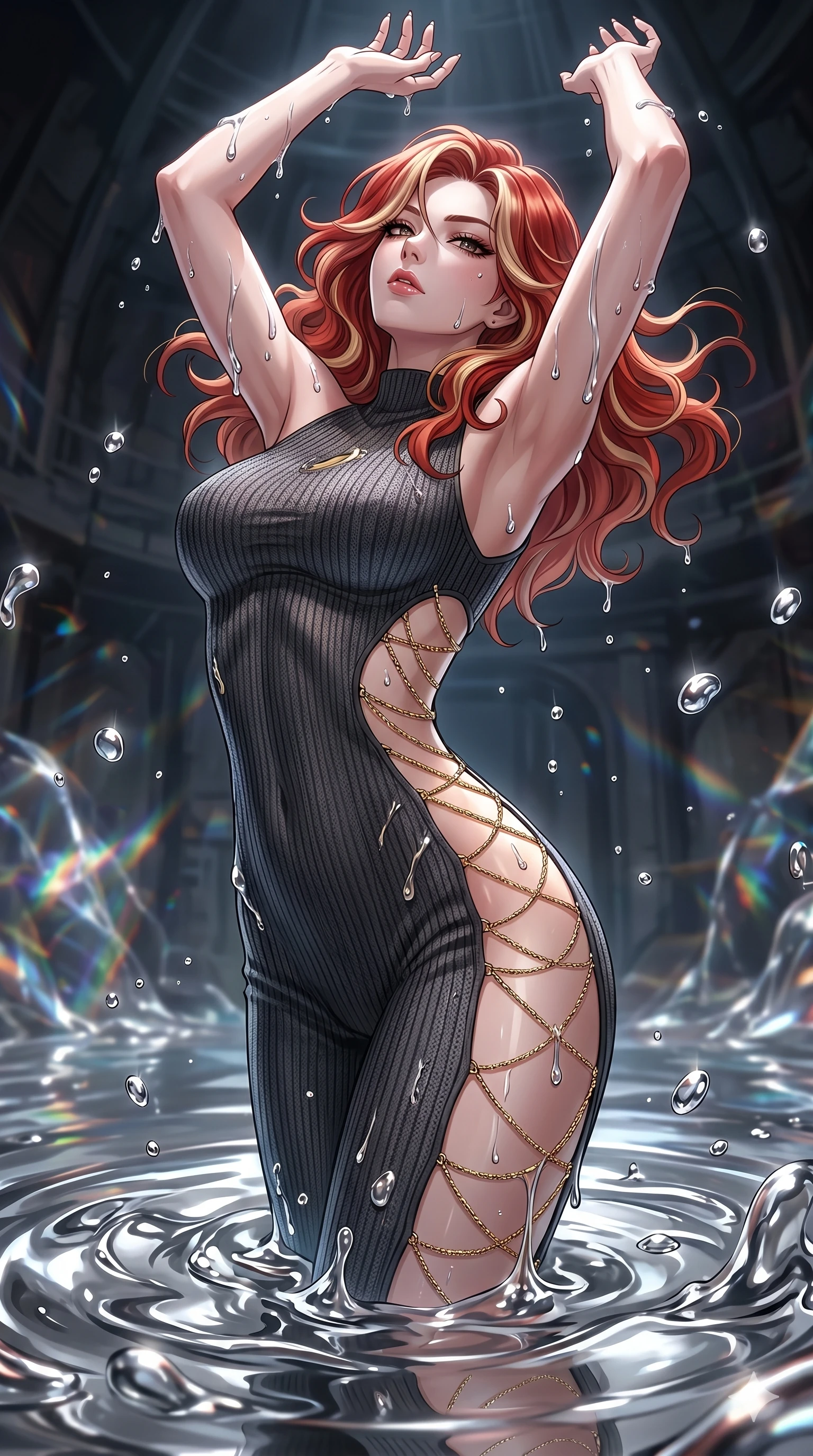 score_9, masterpiece, best quality, ultra-detailed, High-budget Anime Keyframe, East Asian woman. Dynamic full-body shot stretching the vertical silhouette to the limit. Scenario 234: Rising from a pool of mercury-like liquid, droplets rolling off her skin. Her presence is magnetic and overpowering in this high-budget anime scene. Outfit 234: A ribbed bodycon knit micro-mesh with a strategic side cut-outs and fine gold chains. The clothing is designed to emphasize her exceptionally tall and slender 8-heads proportion. 8-heads proportion, towering silhouette, ultra-slim waist. sharp v-shaped jawline, intricate jewel-like eyes with depth, thick eyelashes, glossy lips. 2k, ultra detail, master piece, 9:16 ratio