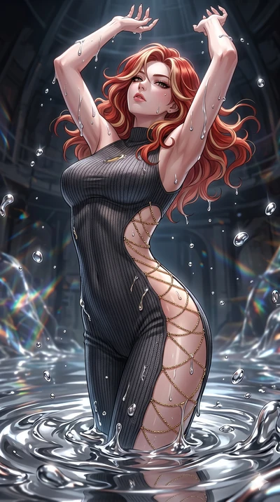 score_9, masterpiece, best quality, ultra-detailed, High-budget Anime Keyframe, East Asian woman. Dynamic full-body shot stretching the vertical silhouette to the limit. Scenario 234: Rising from a pool of mercury-like liquid, droplets rolling off he