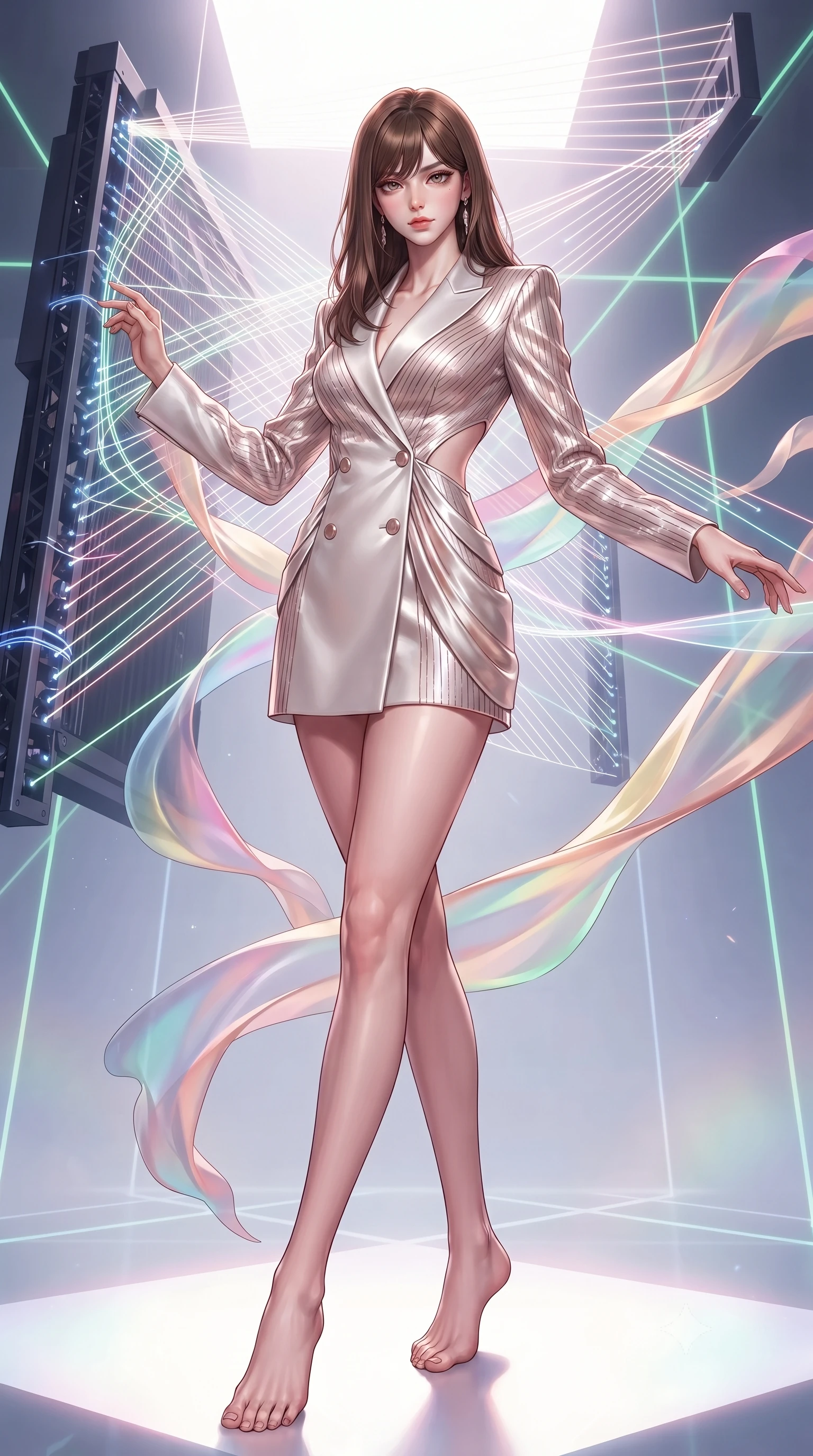 score_9, masterpiece, best quality, ultra-detailed, high-budget anime keyframe, editorial fashion photography, tasteful artistic composition, Korean woman. low angle full-body shot from head to toe showing her feet, filling the entire 9:16 vertical frame with her statuesque presence, stretching her vertical silhouette. navigating the luminous space with effortless poise, displaying her perfect model proportions threading fluorescent fiber optic lines on a massive 3D light loom, translucent silk ribbons swirling around her body like light streams. She has an absolutely perfect, statuesque 8.5-heads proportion, an exceptionally tall and slender model-like female figure with impossibly long slender legs and an ultra-slim waist. sharp v-shaped jawline, high-bridge nose, intricate jewel-like eyes with depth, thick eyelashes, glossy lips with a natural sheen. wearing a double-breasted blazer dress with metallic pin-stripes in pearl white and rose gold, crafted from lustrous satin jersey with fluid draping, featuring clean architectural cutouts along her slender torso, the elegant draped fit framing her graceful clavicle and slender torso. bathed in sharp geometric laser grid highlights and soft ambient fill. highly saturated vibrant anime colors, detailed shading with soft gradients, rich glossy textures, high-contrast stereoscopic depth, volumetric dynamic lighting, master piece, 9:16 ratio