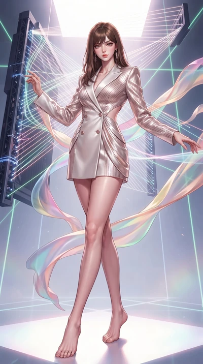 score_9, masterpiece, best quality, ultra-detailed, high-budget anime keyframe, editorial fashion photography, tasteful artistic composition, Korean woman. low angle full-body shot from head to toe showing her feet, filling the entire 9:16 vertical f