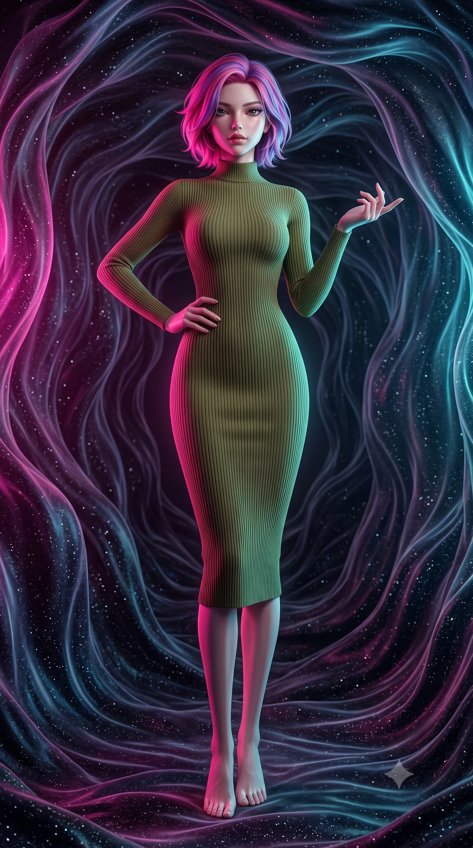 score_9, masterpiece, best quality, ultra-detailed, high-budget anime keyframe, editorial fashion photography, tasteful artistic composition, Caucasian woman, strictly human ears. low angle full-body shot from head to toe showing her feet, filling the entire 9:16 vertical frame with her statuesque presence, stretching her vertical silhouette. striking a commanding pose within a chamber woven entirely from visible dark matter that shimmers like the darkest silk threaded with captured starlight the walls undulating slowly like cosmic fabric breathing in gravitational waves. She has a statuesque 8.5-heads proportion, an exceptionally tall, slender and willowy model-like build with impossibly long legs and a highly sculpted ultra-slim waist. sharp v-shaped jawline, high-bridge nose, intricate jewel-like eyes with depth, thick eyelashes, glossy lips with a natural sheen. wearing a form-fitting olive green ribbed-knit midi dress with a high collar, contouring her willowy torso and narrow waist. dual-tone lighting with hot magenta from the left and cool cyan from the right. 2k, ultra detail, master piece, 9:16 ratio