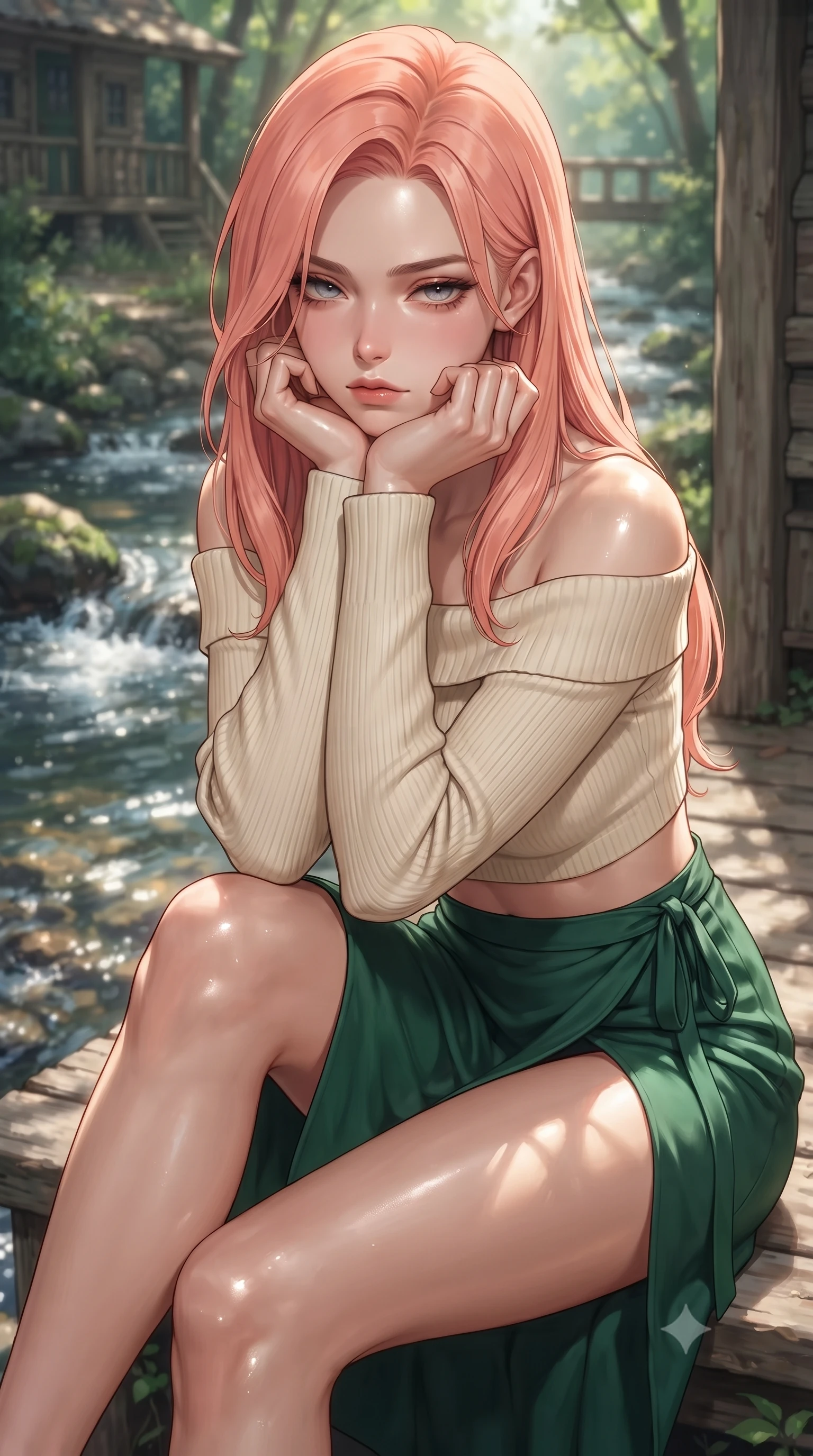 score_9, masterpiece, best quality, ultra-detailed, high-budget anime keyframe, editorial fashion photography, tasteful artistic composition, Japanese woman woman. close-up cowboy shot from the waist and thighs up, the character dominates the composition, filling the frame with her large presence, background elements kept in soft focus. resting her chin on the backs of her fingers, casting a heavy-lidded, sultry look past the camera the background shows a soft-focus a cozy cottage porch beside a bubbling forest stream with clear running water. She has an exceptionally elegant, slender, and willowy female figure with an ultra-slim waist, a gracefully sculpted slender torso, and a refined silhouette. sharp v-shaped jawline, high-bridge nose, intricate jewel-like eyes with depth, thick eyelashes, glossy lips with a natural sheen. wearing a tailored cropped off-shoulder knit top in cream paired with a high-slit wrap skirt in emerald green. dappled sunbeams reflecting off the moving water surface onto her form. ultra-reflective glossy finish, specular highlights, metallic sheen, high-contrast stereoscopic depth, volumetric dynamic lighting, 2k, ultra detail, master piece, 9:16 ratio