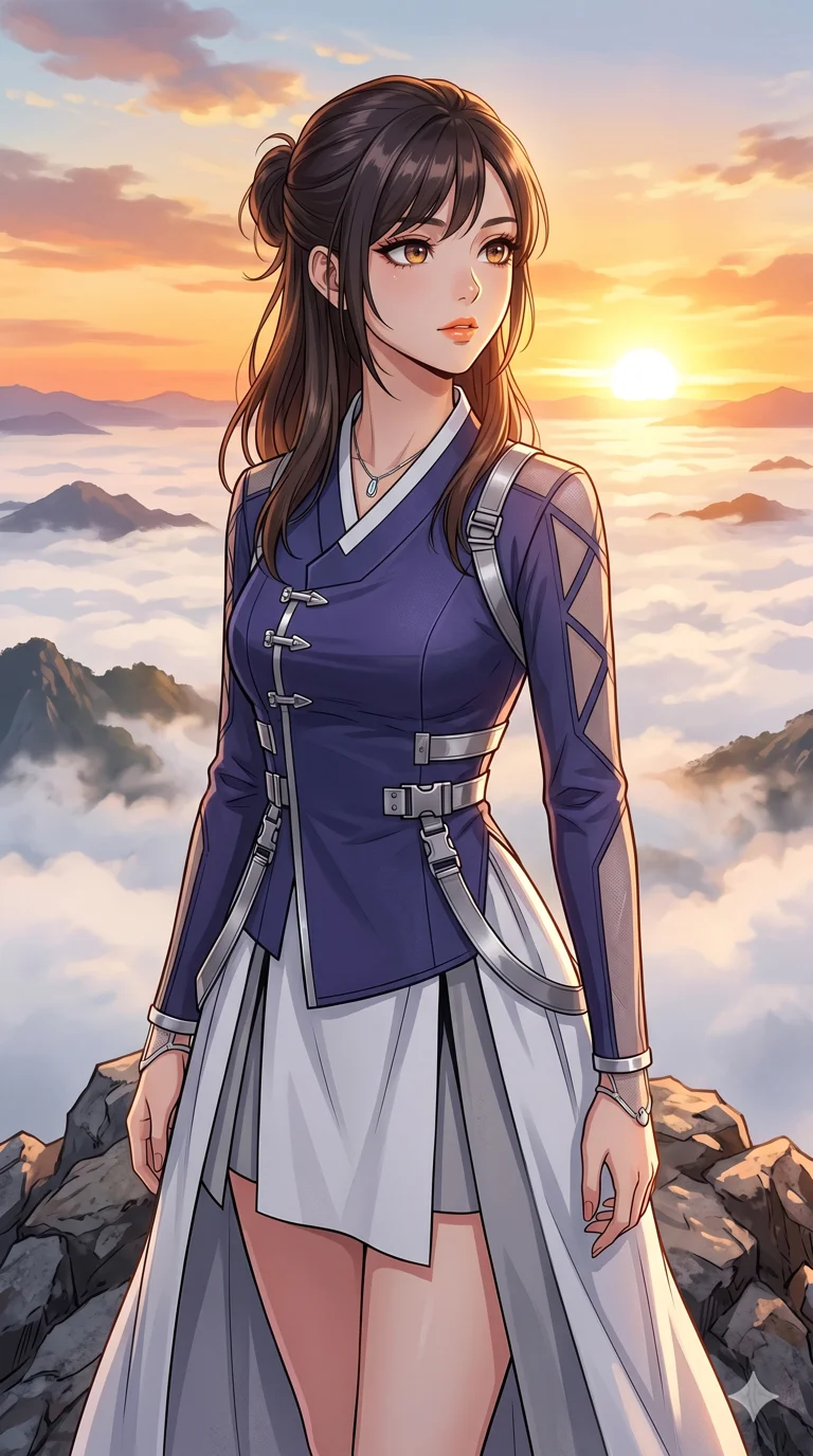 score_9, masterpiece, best quality, ultra-detailed, High-budget Anime Keyframe, beautiful Japanese anime girl. Upper body close-up from the thighs up, character filling the screen for maximum presence. Standing on a mountain peak as the sun rises over a vast valley of white mist. She has an absolutely perfect 8-heads proportion, an exceptionally tall and slender female figure with impossibly long slender legs and an ultra-slim waist. Sharp v-shaped jawline, high-bridge nose, intricate jewel-like eyes with depth, thick eyelashes, glossy lips with a natural sheen. Wearing a Modern Traditional outfit: tech-hanbok with transparent panels and metallic silver straps. Background is a bright and colorful sky with orange and gold clouds and a vast valley of white mist. 2k, ultra detail, master piece, 9:16 ratio