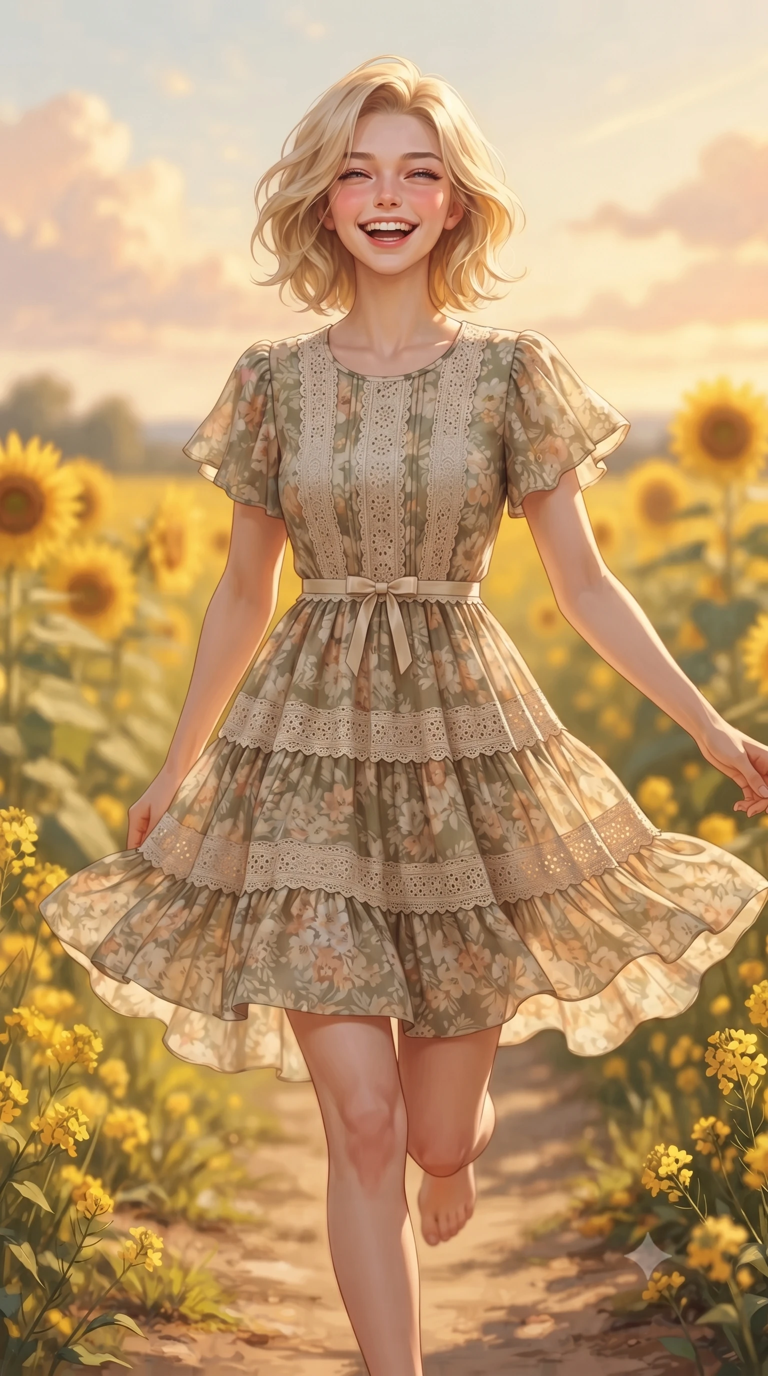 score_9, masterpiece, best quality, ultra-detailed, high-budget anime keyframe, editorial fashion photography, tasteful artistic composition, Caucasian woman. close-up cowboy shot from the waist and thighs up, the character dominates the composition, filling the frame with her large presence. laughing cheerfully with genuine delight, eyes crinkling sweetly as natural golden sunlight illuminates her glowing cheeks while walking gracefully along a winding dirt path bordered by golden canola blooms as the sunset paints the sky in pastel hues. The composition keeps background elements in soft focus with creamy bokeh. endless yellow sunflower faces and pastel sunset clouds blurred into rich amber, honey-gold, and peach bokeh. She has an exceptionally elegant, slender, and willowy female figure with an ultra-slim waist, a gracefully sculpted slender torso, toned flat midriff, and a refined slim silhouette. sharp v-shaped jawline, high-bridge nose, intricate jewel-like eyes with depth, thick eyelashes, glossy lips with a natural sheen, pure and lovely fresh girlhood expression, flawlessly proportioned anatomical accuracy, strict slender model proportions, natural body alignment, perfectly sculpted long slender limbs, ultra-slim waistline, clean dynamic posture without body distortion. wearing a breezy tiered chiffon sundress with delicate floral print and short flutter sleeves in muted olive green and ivory cotton, woven with delicate eyelet lace and breathable cotton voile, accented with a dainty ribbon bow at the waistline, the soft airy drape swaying gracefully with her dynamic movements, emphasizing her tall willowy build and slim waistline. surrounded by a heartwarming, radiant, and delightfully sunny countryside princess aura. ultra-reflective glossy finish, specular highlights, rich natural textures, high-contrast stereoscopic depth, volumetric dynamic lighting, 2k, ultra detail, master piece, 9:16 ratio