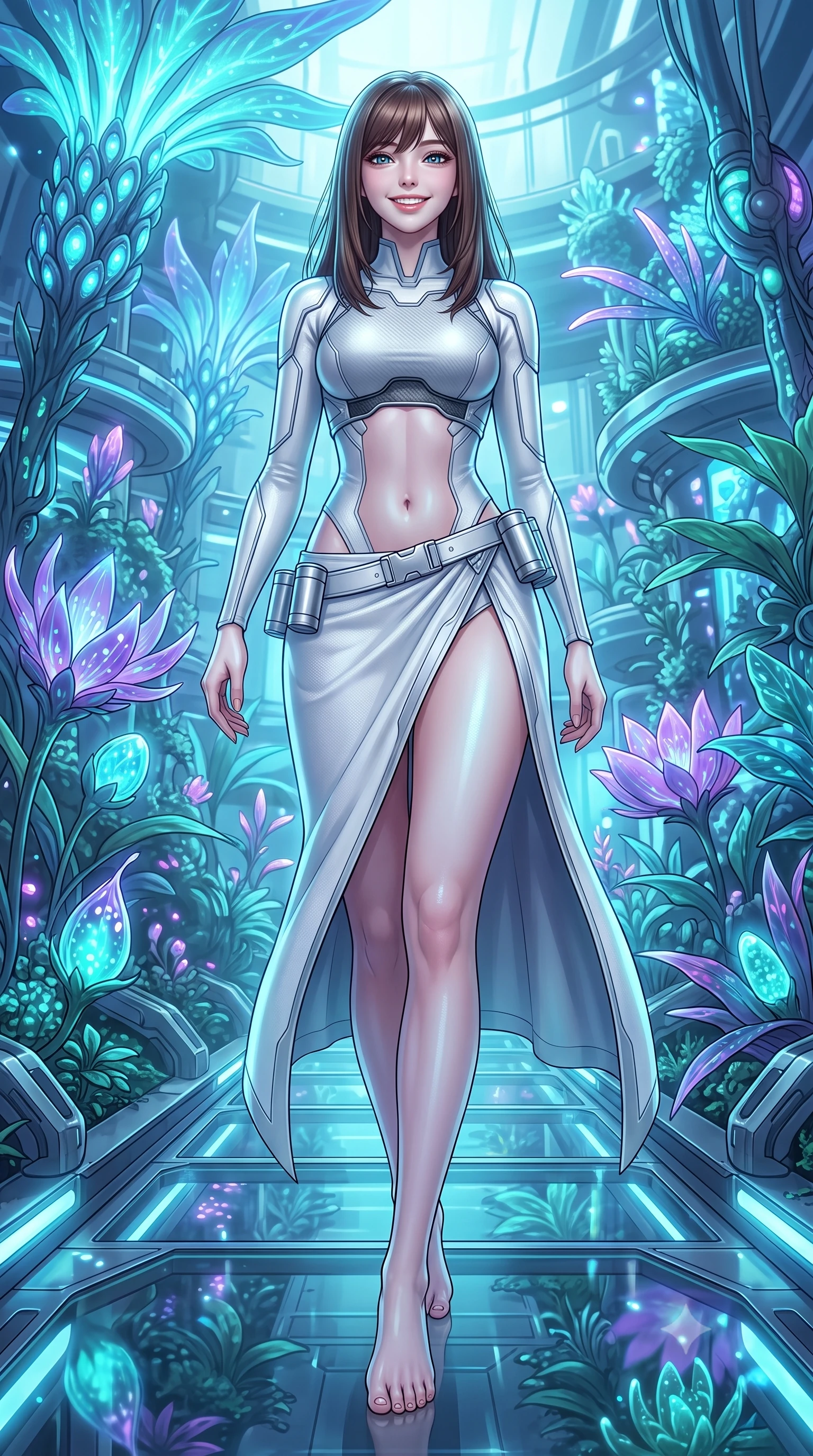 score_9, masterpiece, best quality, ultra-detailed, high-budget anime keyframe, semi-realistic 3D game render, editorial fashion photography, tasteful artistic composition, Korean woman. low angle full-body shot from head to toe showing her feet, filling the entire 9:16 vertical frame with her statuesque presence, stretching her vertical silhouette. striding forward gracefully across the reflective metal deck in mid-motion with a radiant beaming smile, hips swaying in an alluring kinetic rhythm that accentuates her curvy hourglass silhouette and long slender legs while walking slowly down the glass catwalk surrounded by towering glowing neon flora, arching her back with an ethereal, sovereign expression. The surrounding environment is rendered in vivid detail and crisp panoramic clarity: detailed suit fabric weave, bioluminescent reflections on skin, and futuristic biosphere architecture in razor-sharp clarity. She has an absolutely perfect, statuesque 8.5-heads proportion, an exceptionally tall and slender model-like female figure with impossibly long slender legs, an ultra-slim waist, a flat toned midriff, narrow delicate ribcage, and beautifully sculpted feminine hips creating a graceful, slim hourglass silhouette without any bulky heaviness. sharp v-shaped jawline, high-bridge nose, intricate jewel-like sparkling eyes with depth, thick eyelashes, glossy parted lips with a natural sheen, bright confident smile with an enchanting and coquettish sensual glint, exuding both youthful magnetic charm and sovereign high-tech allure, flawlessly proportioned anatomical accuracy, strict slender model proportions, natural body alignment, perfectly sculpted long slender limbs, ultra-slim waistline, clean dynamic posture without body distortion. wearing a cyber-samurai tactical suit featuring a shortened carbon chestplate and high-slit armored wrap skirt in pure alabaster white and brushed silver accents, formed from supple thermal silicone composite adhering seamlessly like a second skin, accented with a sleek utility belt with polished magnetic canisters resting loosely on her curvy hips, the form-contouring cut accentuating her sculpted flat midriff, narrow delicate ribcage, and gracefully curvy hips with cybernetic supermodel precision. bathed in cool ethereal aqua and ultraviolet bioluminescent light radiating from living plants. highly saturated vibrant anime colors, detailed shading with soft gradients, rich glossy textures, high-contrast stereoscopic depth, volumetric dynamic lighting, master piece, 9:16 ratio