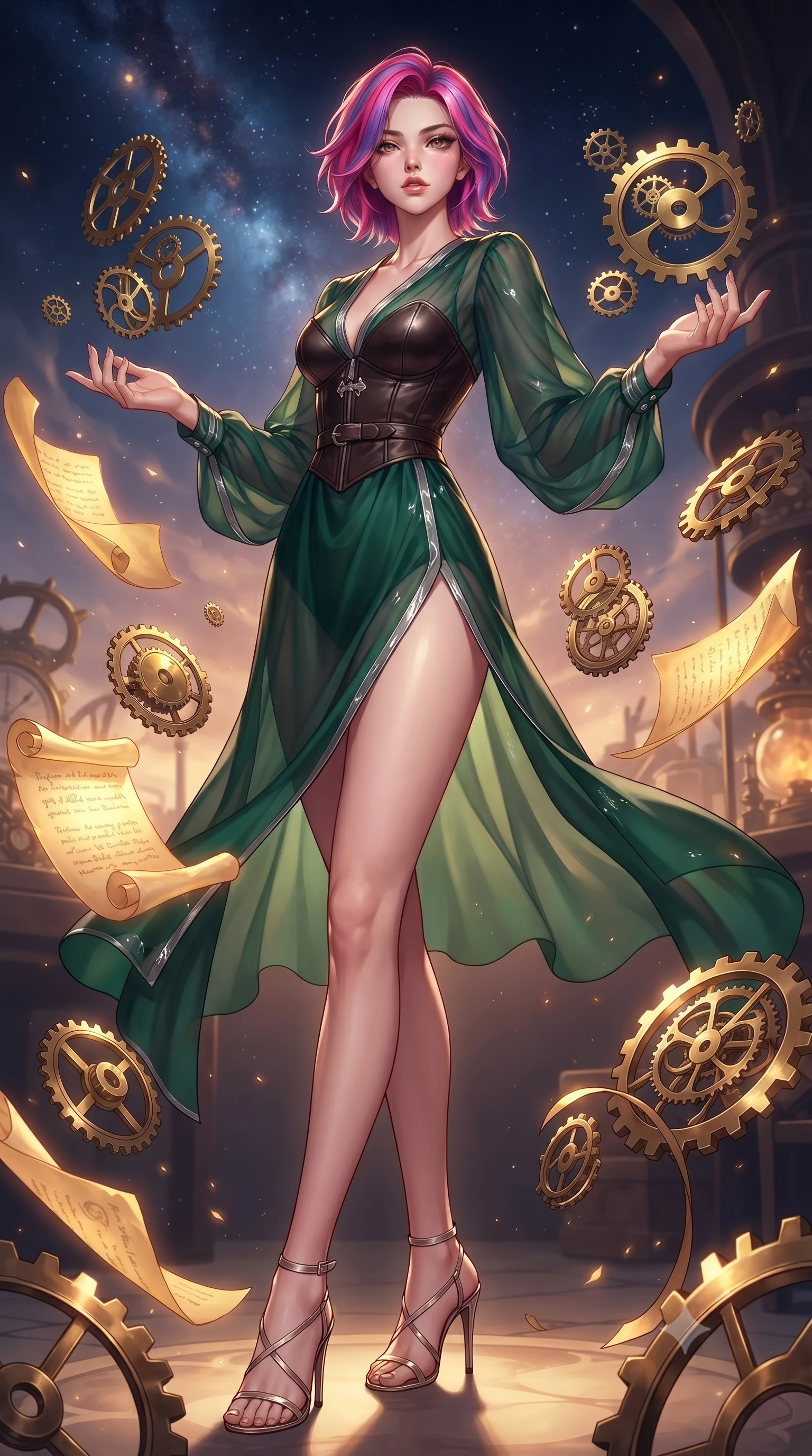 score_9, masterpiece, best quality, ultra-detailed, high-budget anime keyframe, editorial fashion photography, tasteful artistic composition, Caucasian woman. low angle full-body shot from head to toe showing her feet, filling the entire 9:16 vertical frame with her statuesque presence, stretching her vertical silhouette. interacting gracefully with the magical floating elements while maintaining a confident posture surrounded by floating antique brass gears and glowing golden parchment scrolls, floating brass gears and clocksprings casting intricate metallic reflections. She has an absolutely perfect, statuesque 8.5-heads proportion, an exceptionally tall and slender model-like female figure with impossibly long slender legs and an ultra-slim waist. sharp v-shaped jawline, high-bridge nose, intricate jewel-like eyes with depth, thick eyelashes, glossy lips with a natural sheen. wearing a tailored leather bustier over a sheer silk chiffon blouse in deep emerald green and silver accent, crafted from smooth liquid silk, finished with a sleek side slit ascending to mid-thigh, the elegant draped fit framing her graceful clavicle and slender torso. bathed in warm twilight amber backlighting and rich metallic specular glow. highly saturated vibrant anime colors, detailed shading with soft gradients, rich glossy textures, high-contrast stereoscopic depth, volumetric dynamic lighting, master piece, 9:16 ratio