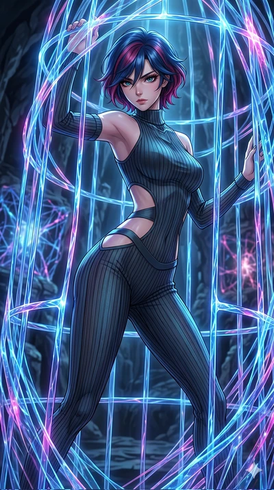 score_9, masterpiece, best quality, ultra-detailed, High-budget Anime Keyframe, East Asian woman. Dynamic full-body shot stretching the vertical silhouette to the limit. Scenario 202: Trapped in a cage of glowing crystalline fibers, body pressing aga