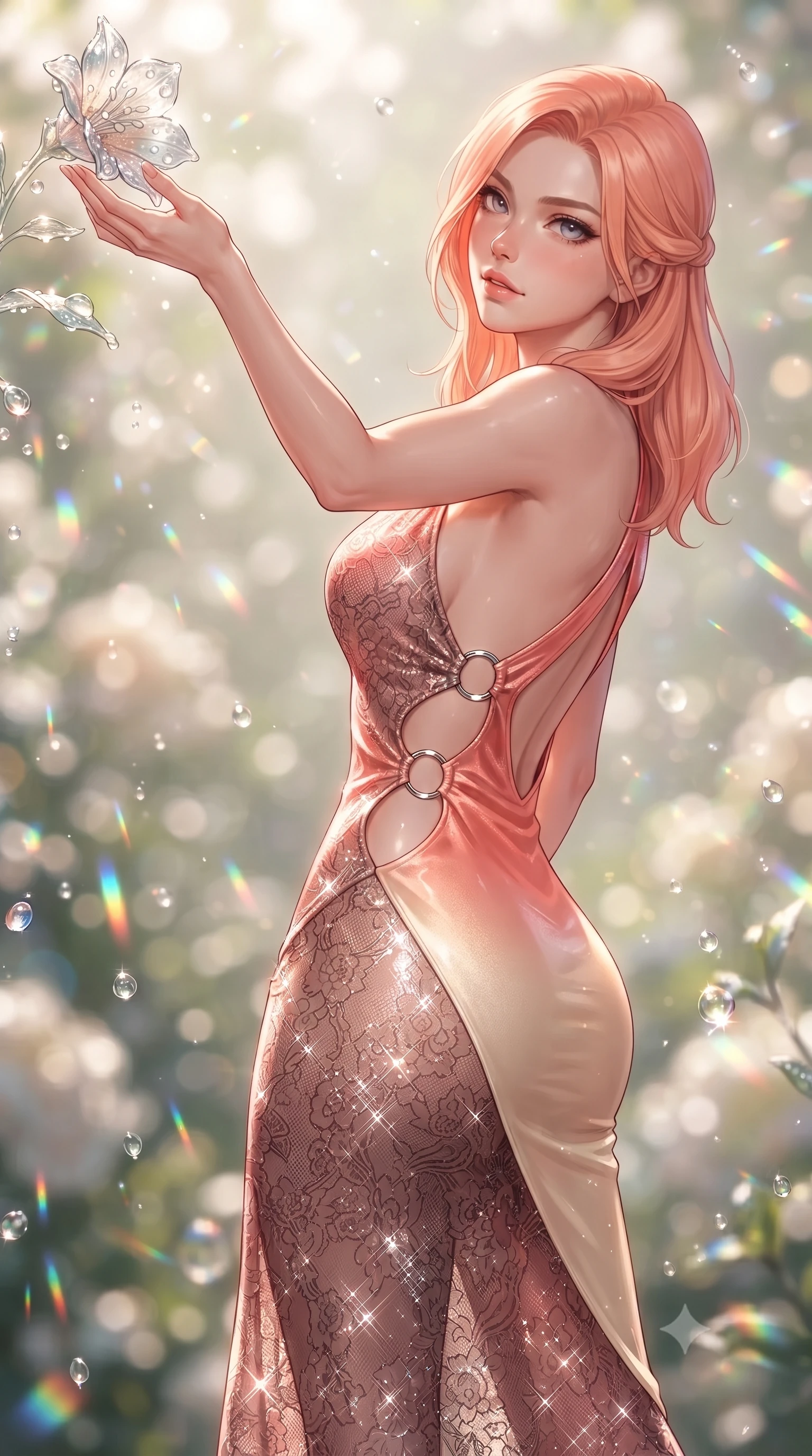 score_9, masterpiece, best quality, ultra-detailed, high-budget anime keyframe, editorial fashion photography, tasteful artistic composition, Japanese woman. close-up cowboy shot from the waist and thighs up, the character dominates the composition, filling the frame with her large presence. extending one arm gracefully toward the light while her torso arches in a sleek, alluring curve with magnetic intensity while reaching one arm out to touch a dewy glass blossom while looking over her shoulder with seductive poise. The composition keeps background elements in soft focus with creamy bokeh. glistening morning dew droplets scattering prismatic light motes across a luminous backdrop. She has an exceptionally elegant, slender, and willowy female figure with an ultra-slim waist, a gracefully sculpted slender torso, toned flat midriff, and a refined slim silhouette. sharp v-shaped jawline, high-bridge nose, intricate jewel-like eyes with depth, thick eyelashes, glossy lips with a natural sheen, flawlessly proportioned anatomical accuracy, strict slender model proportions, natural body alignment, perfectly sculpted long slender limbs, ultra-slim waistline, clean dynamic posture without body distortion. wearing a velvet halter-neck midi dress fitting her statuesque contour flawlessly with a Tasteful chest slit and open spine in radiant coral pink and champagne ivory, crafted from delicate dark lace interwoven with luminescent micro-fibers, detailed with polished silver rings connecting the daring side-waist cutouts, the glove-like aerodynamic second-skin fit tightly clinging to her ultra-slender waist and athletic curves without adding bulk, accentuating her razor-sharp statuesque lines and slim hourglass silhouette. illuminated by fresh botanical ambient radiance and sparkling specular highlights tracing her curves. ultra-reflective glossy finish, specular highlights, metallic sheen, high-contrast stereoscopic depth, volumetric dynamic lighting, 2k, ultra detail, master piece, 9:16 ratio