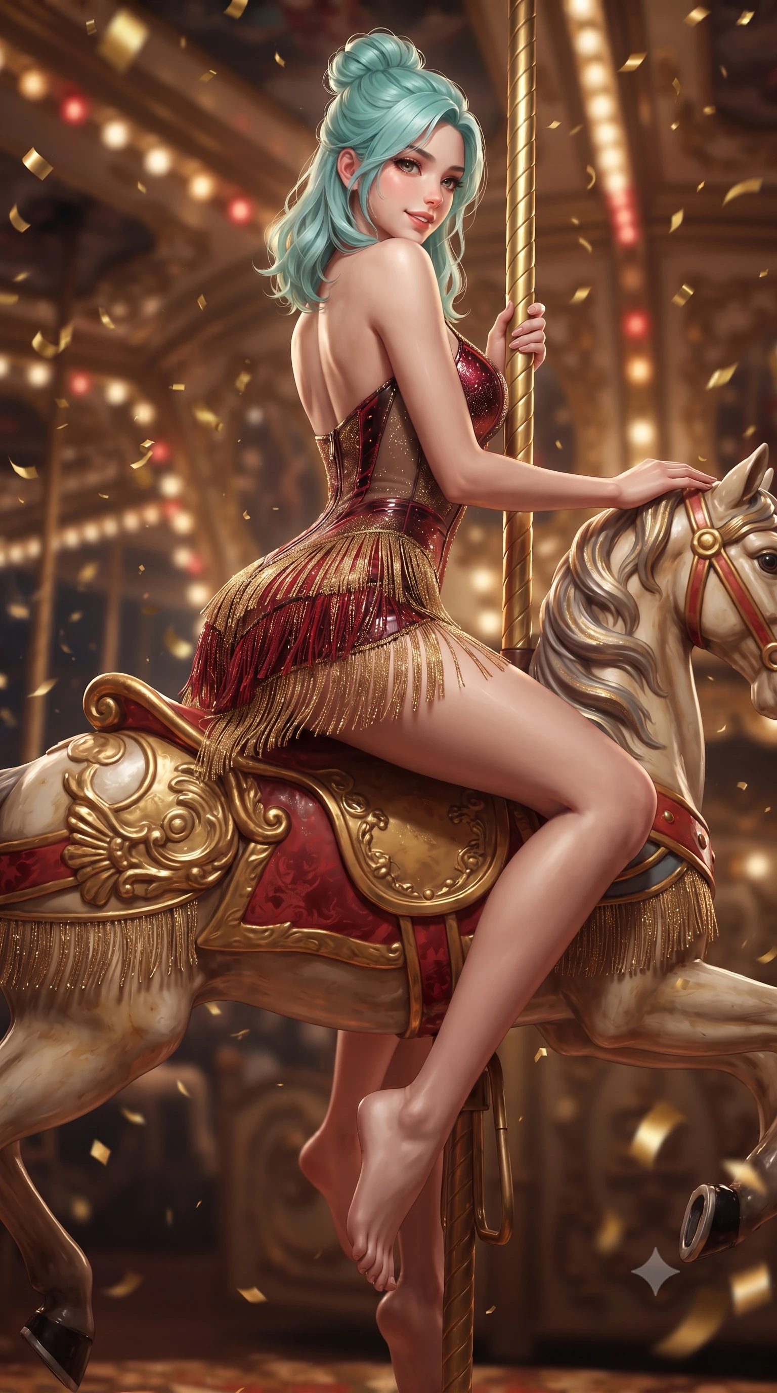 score_9, masterpiece, best quality, ultra-detailed, high-budget anime keyframe, editorial fashion photography, tasteful artistic composition, Japanese woman. low angle full-body shot from head to toe showing her feet, filling the entire 9:16 vertical frame with her statuesque presence, stretching her vertical silhouette. striding forward in a proud supermodel runway stride, hips swaying in an alluring kinetic rhythm that accentuates her curvy hourglass silhouette while perching sideways on the saddle of an antique carousel horse, looking back over a bare shoulder with an intoxicating, teasing smile. The composition keeps background elements in soft focus with creamy bokeh. swirling gold confetti and carousel bulb light strings blurred into rich amber, ruby-red, and champagne bokeh. She has an absolutely perfect, statuesque 8.5-heads proportion, an exceptionally tall and slender model-like female figure with impossibly long slender legs, a toned flat midriff, an ultra-slim waist, and beautifully sculpted feminine hips. sharp v-shaped jawline, high-bridge nose, intricate jewel-like eyes with depth, thick eyelashes, glossy parted lips with a natural sheen, intensely captivating and seductive bedroom-eyes expression, flawlessly proportioned anatomical accuracy, strict slender model proportions, natural body alignment, perfectly sculpted long slender limbs, ultra-slim waistline, clean dynamic posture without body distortion. wearing a form-contouring vinyl circus mini dress with front zipper and body-hugging hip hug in midnight obsidian black and blood crimson velvet, made of sheer contouring power-mesh with fine gold glitter flocking, finished with tiered silk fringe tassels that flutter with every hip movement, the second-skin form-contouring cut accentuating her sculpted flat midriff, narrow waistline, and dramatically curvy hips without adding bulk. surrounded by an eccentric, spellbinding, and dangerously seductive circus queen aura. ultra-reflective glossy finish, specular highlights, rich textural contrasts, high-contrast stereoscopic depth, volumetric dynamic lighting, 2k, ultra detail, master piece, 9:16 ratio