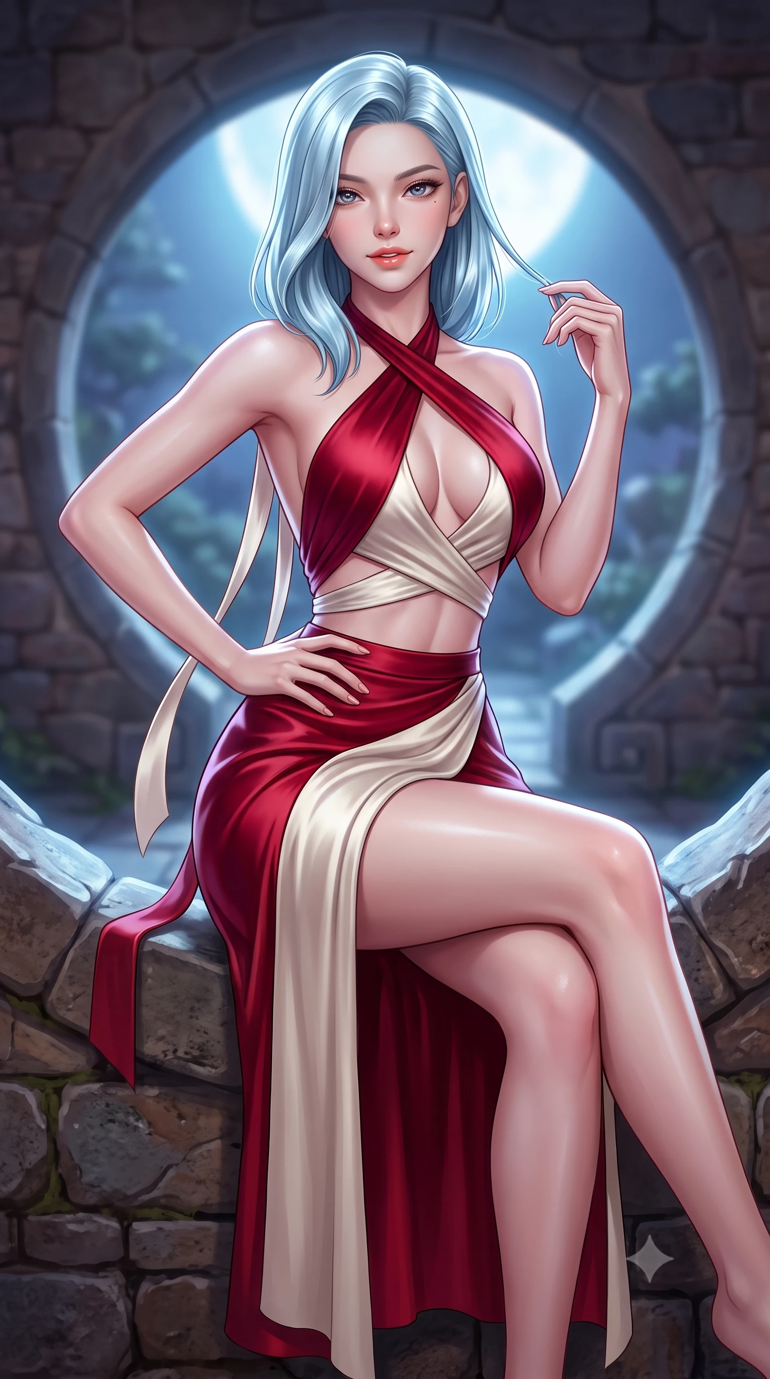 score_9, masterpiece, best quality, ultra-detailed, high-budget anime keyframe, semi-realistic 3D game render, editorial fashion photography, tasteful artistic composition, Korean woman. close-up cowboy shot from the waist and thighs up, the character dominates the composition, filling the frame with her large presence. twisting her slender torso in an alluring contrapposto stance, one hand resting on her sculpted hip while her fingers toy with her hair with effortless poise while perched sideways on the moon gate threshold with legs crossed, one hand resting on the stone with effortless high-society poise. The background shows a soft-focus rustic stone masonry softened in intimate royal garden shallow focus. She has an exceptionally elegant, slender, and willowy female figure with an ultra-slim waist, flat toned midriff, narrow ribcage, and sculpted feminine hips creating an alluring, slim hourglass silhouette without bulk. sharp v-shaped jawline, high-bridge nose, sparkling eyes with hypnotic seductive depth, thick curled eyelashes, glossy parted lips with a natural dewy peach sheen, alluring bedroom-eyes with an enchanting coquettish smile, exuding magnetic siren charisma and sophisticated glamour, flawlessly proportioned anatomical accuracy, strict slender model proportions, natural body alignment, perfectly sculpted long slender limbs, ultra-slim waistline, clean dynamic posture without body distortion. wearing a high-waisted silk wrap sarong skirt with a hip-high slit paired with a plunging criss-cross satin halter top in royal vermilion crimson and pale ivory silk, crafted from fluid liquid silk satin that clings smoothly to every curve with a dewy sheen, finished with long silk ribbon ties fluttering down her bare spine from a backless halter, the glove-like clinging cut tightly following the natural contour of her hips and long slender legs with youthful 8.5-heads elegance. bathed in pure lunar illumination streaming directly through the circular moon gate opening. highly saturated vibrant anime colors, detailed shading with soft gradients, rich glossy textures, high-contrast stereoscopic depth, volumetric dynamic lighting, master piece, 9:16 ratio