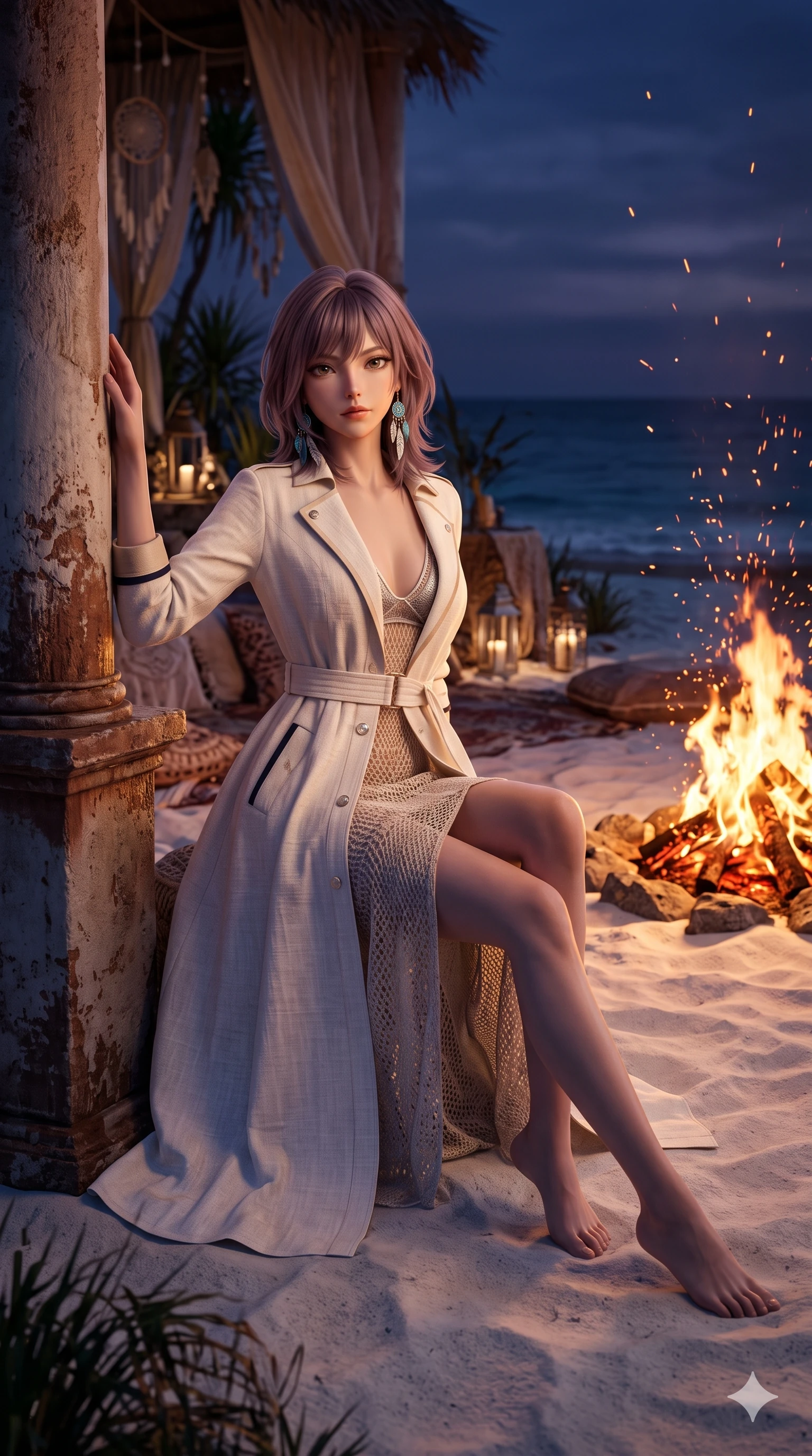 score_9, masterpiece, best quality, ultra-detailed, high-budget anime keyframe, semi-realistic 3D game render, editorial fashion photography, tasteful artistic composition, Japanese woman. low angle full-body shot from head to toe showing her feet, filling the entire 9:16 vertical frame with her statuesque presence, stretching her vertical silhouette. standing tall beside the architectural column, one hand resting high while arching her lower back to emphasize her sculpted feminine hips and slender waist while sitting gracefully on the soft white sand beside the crackling bonfire with one knee bent, arching her spine with supermodel elegance as sparks drift skyward. The surrounding environment is rendered in vivid detail and crisp panoramic clarity: detailed semi-sheer crochet knit beach slip dress, metallic micro-bralette, and bohemian beach camp decor in razor-sharp clarity. She has an absolutely perfect, statuesque 8.5-heads proportion, an exceptionally tall and slender model-like female figure with impossibly long slender legs, an ultra-slim waist, a flat toned midriff, narrow delicate ribcage, and beautifully sculpted feminine hips creating a graceful, slim hourglass silhouette without any bulky heaviness. sharp v-shaped jawline, high-bridge nose, sparkling eyes with hypnotic seductive depth, thick curled eyelashes, glossy parted lips with a natural dewy peach sheen, alluring bedroom-eyes with an enchanting coquettish smile, exuding magnetic siren charisma and sophisticated glamour, flawlessly proportioned anatomical accuracy, strict slender model proportions, natural body alignment, perfectly sculpted long slender limbs, ultra-slim waistline, clean dynamic posture without body distortion. wearing a tailored white cotton poplin resort trench dress with structured waist belt and mother-of-pearl buttons in French Riviera navy and crisp champagne gold, woven from bespoke sun-bleached selvedge linen with rich tactile slub texture, accented with turquoise and silver bohemian feather earrings swaying near her bare neck, the impeccably tailored cut draping gracefully along her slender figure with aristocratic resort poise. bathed in the dramatic dual contrast of warm dancing 2000K firelight on her front and cool deep indigo 5000K twilight on her back. highly saturated vibrant anime colors, detailed shading with soft gradients, rich glossy textures, high-contrast stereoscopic depth, volumetric dynamic lighting, master piece, 9:16 ratio