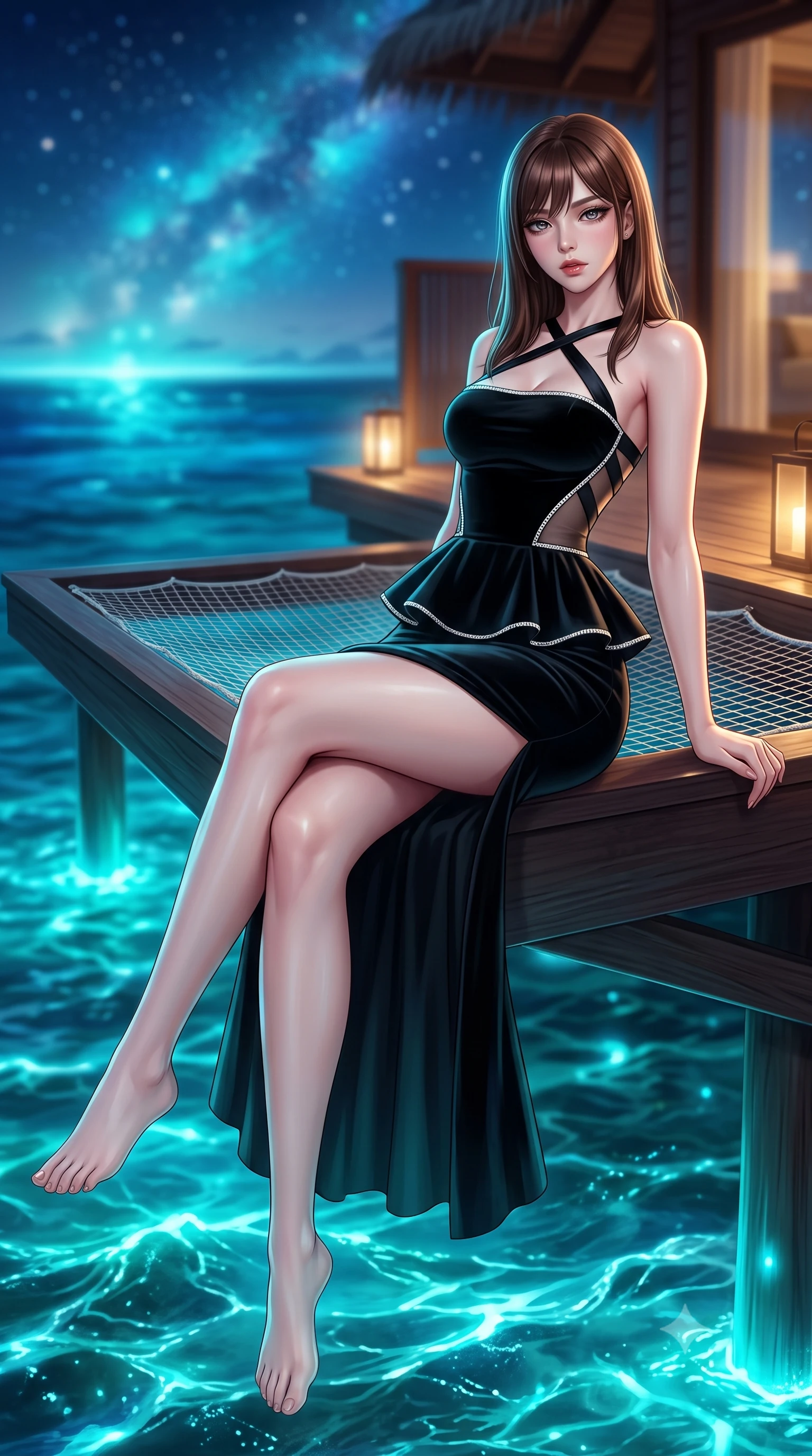 score_9, masterpiece, best quality, ultra-detailed, high-budget anime keyframe, semi-realistic 3D game render, editorial fashion photography, tasteful artistic composition, Korean woman. low angle full-body shot from head to toe showing her feet, filling the entire 9:16 vertical frame with her statuesque presence, stretching her vertical silhouette. sitting perched on the elevated edge with hips angled toward the camera and legs crossed, displaying her toned midriff and flawlessly sculpted slender limbs while reclining across the suspended overwater net hammock hovering inches above glowing blue bioluminescent waves, arching her spine with seductive tropical grace. The composition keeps background elements in soft focus with creamy bokeh. glowing blue-green bioluminescent waves and starlit Indian Ocean horizon blurred into luminous cyan, sapphire, and starlight bokeh. She has an exceptionally tall and slender model-like 8.5-heads proportion, an ultra-slim waist, a flat toned midriff, narrow delicate ribcage, and beautifully sculpted feminine hips creating a graceful, slim hourglass silhouette without any bulky heaviness, with impossibly long slender legs. sharp v-shaped jawline, high-bridge nose, intricate jewel-like eyes with depth, thick eyelashes, glossy parted lips with a natural sheen, intensely captivating and seductive bedroom-eyes expression, flawlessly proportioned anatomical accuracy, strict slender model proportions, natural body alignment, perfectly sculpted long slender limbs, ultra-slim waistline, clean dynamic posture without body distortion. wearing a structural geometric peplum gown with sheer side-ribbon cutouts and form-fitting skirt in pitch-black velvet with diamond crystal trim, made of fluid silk crepe with delicate inner corsetry boning, finished with criss-cross back satin straps highlighting her graceful shoulder blades, the liquid-tight tailored fabric clinging flawlessly to her narrow waist and rounded feminine hips, emphasizing every millimeter of her sculpted slim hourglass curves without any bulky heaviness. bathed in ethereal turquoise bioluminescent uplights from the water below and soft warm villa deck lanterns. highly saturated vibrant anime colors, detailed shading with soft gradients, rich glossy textures, high-contrast stereoscopic depth, volumetric dynamic lighting, master piece, 9:16 ratio