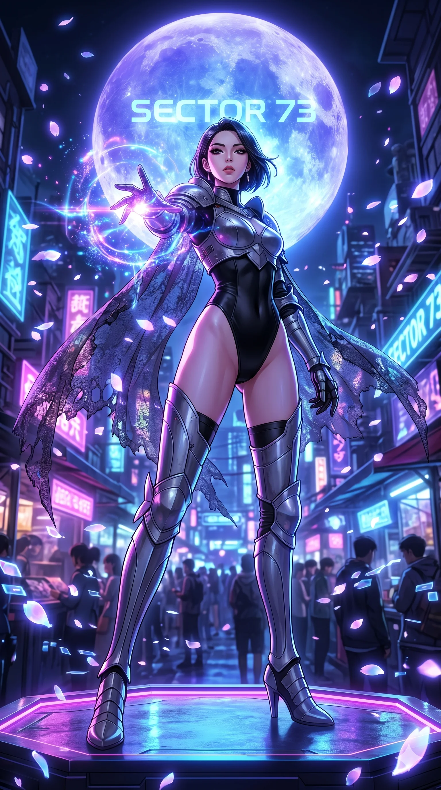 score_9, masterpiece, best quality, ultra-detailed, Set A: High-budget Anime Keyframe, Korean woman. Low angle cowboy shot filling the entire 9:16 frame with her statuesque presence. Casting a spell through a futuristic night market, with a massive holographic moon rising behind her marked as sector 73 and surrounded by digital sakura petals. She has an absolutely perfect 8-heads proportion, an exceptionally tall and slender female figure with impossibly long slender legs and an ultra-slim waist. Sharp v-shaped jawline, high-bridge nose, intricate jewel-like eyes with depth, thick eyelashes, glossy lips with a natural sheen. Wearing Warrior-style plate armor over a high-cut silk leotard with tattered lace capes. Cinematic lighting, vibrant colors, dramatic shadows, 2k, ultra detail, master piece, 9:16 ratio