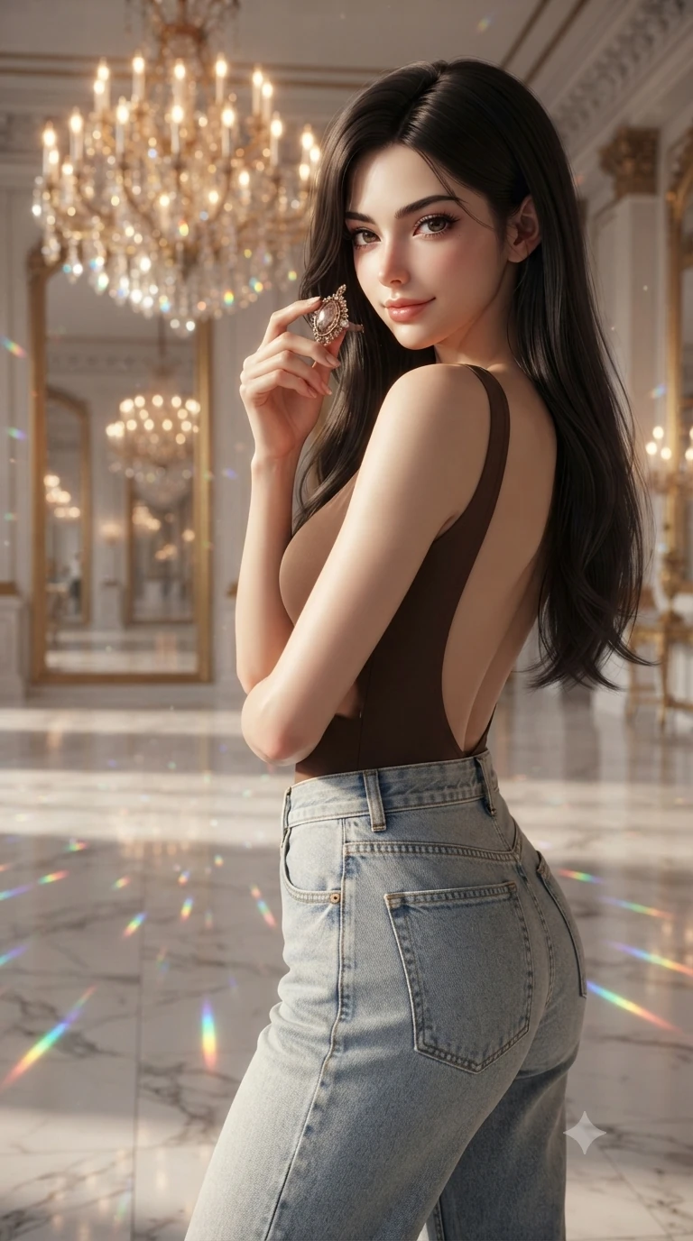 score_9, masterpiece, best quality, ultra-detailed, high-budget anime keyframe, editorial fashion photography, tasteful artistic composition, Caucasian woman, strictly human ears. close-up cowboy shot from the waist and thighs up, the character dominates the composition, filling the frame with her large presence, background elements kept in soft focus. Holding a delicate object up near her face while gazing at the viewer with a knowing smile. set against a soft-focus background of a palatial ballroom with a centerpiece chandelier of ten thousand hand-cut crystals white marble floors reflecting everything and tall gilded mirrors multiplying the space into apparent infinity. She has an exceptionally elegant and slender, willowy female figure with an ultra-slim waist, a gracefully sculpted slender torso, and a refined slim physique. sharp v-shaped jawline, high-bridge nose, intricate jewel-like eyes with depth, thick eyelashes, glossy lips with a natural sheen. wearing a chocolate brown bodysuit with an open back, paired with high-waisted light-wash boyfriend jeans. thousands of crystal chandelier facets scattering warm candlelight into countless rainbow sparkles across the white marble creating a magical prismatic dancing atmosphere. 2k, ultra detail, master piece, 9:16 ratio