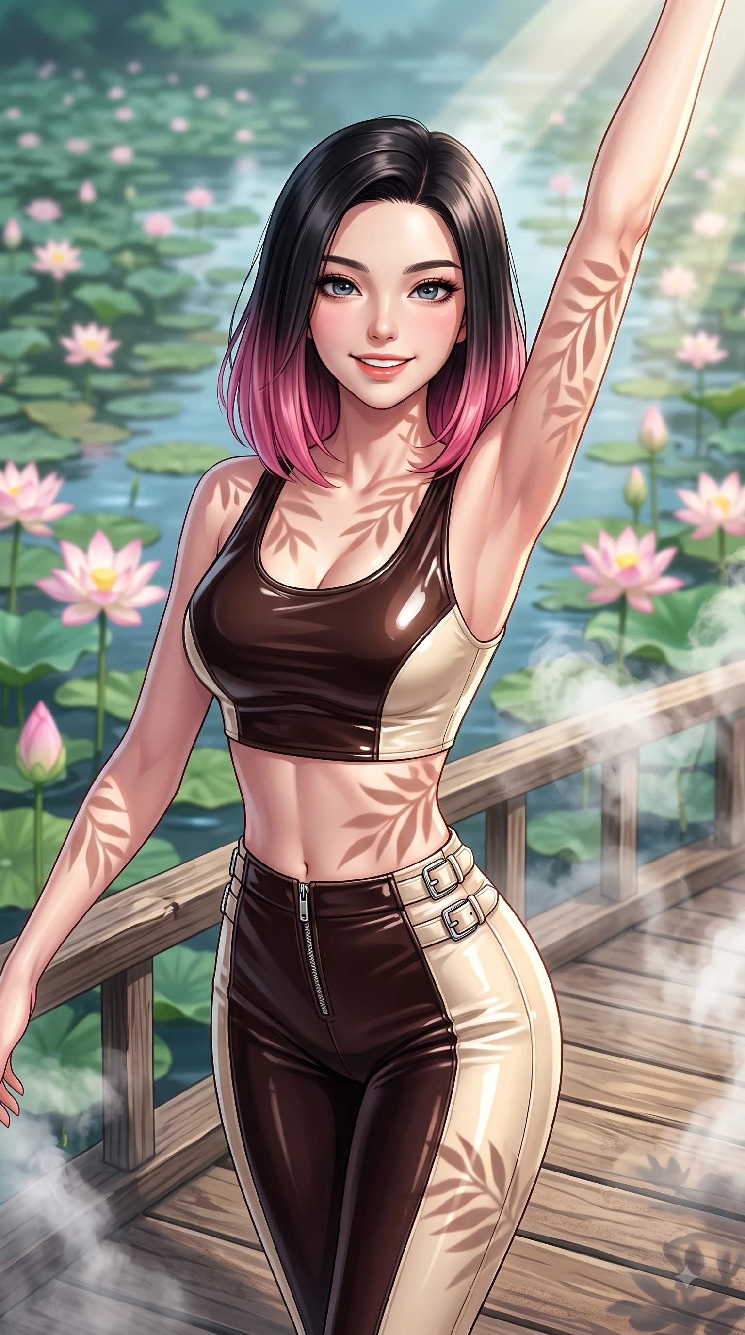 score_9, masterpiece, best quality, ultra-detailed, high-budget anime keyframe, editorial fashion photography, tasteful artistic composition, Korean woman. close-up cowboy shot from the waist and thighs up, the character dominates the composition, filling the frame with her large presence, background elements kept in soft focus. Extending one arm in an elegant stretch toward the light while smiling with vibrant, youthful self-assurance while pivoting dynamically on a wooden bridge over a lotus pond with a radiant beaming smile, swirling steam clouds from misting fountains adding a magical tropical humidity. She has an exceptionally elegant, slender, and willowy female figure with an ultra-slim waist, a gracefully sculpted slender torso, and a refined silhouette. sharp v-shaped jawline, high-bridge nose, intricate jewel-like eyes with depth, thick eyelashes, glossy lips with a natural sheen, flawlessly proportioned anatomical accuracy, natural body alignment, perfectly sculpted elegant limbs, clean dynamic posture without body distortion. wearing a glossy vinyl crop top and high-waist tailored leggings with sleek zippers in espresso brown and warm cream, made of premium stretch velvet with a rich sheen, detailed with polished silver buckles along the waistline, the form-contouring material highlighting her ultra-slim waist and long lines. illuminated by clear sunbeams casting organic leaf stencil shadows across her skin. highly saturated vibrant anime colors, detailed shading with soft gradients, rich glossy textures, high-contrast stereoscopic depth, volumetric dynamic lighting, master piece, 9:16 ratio