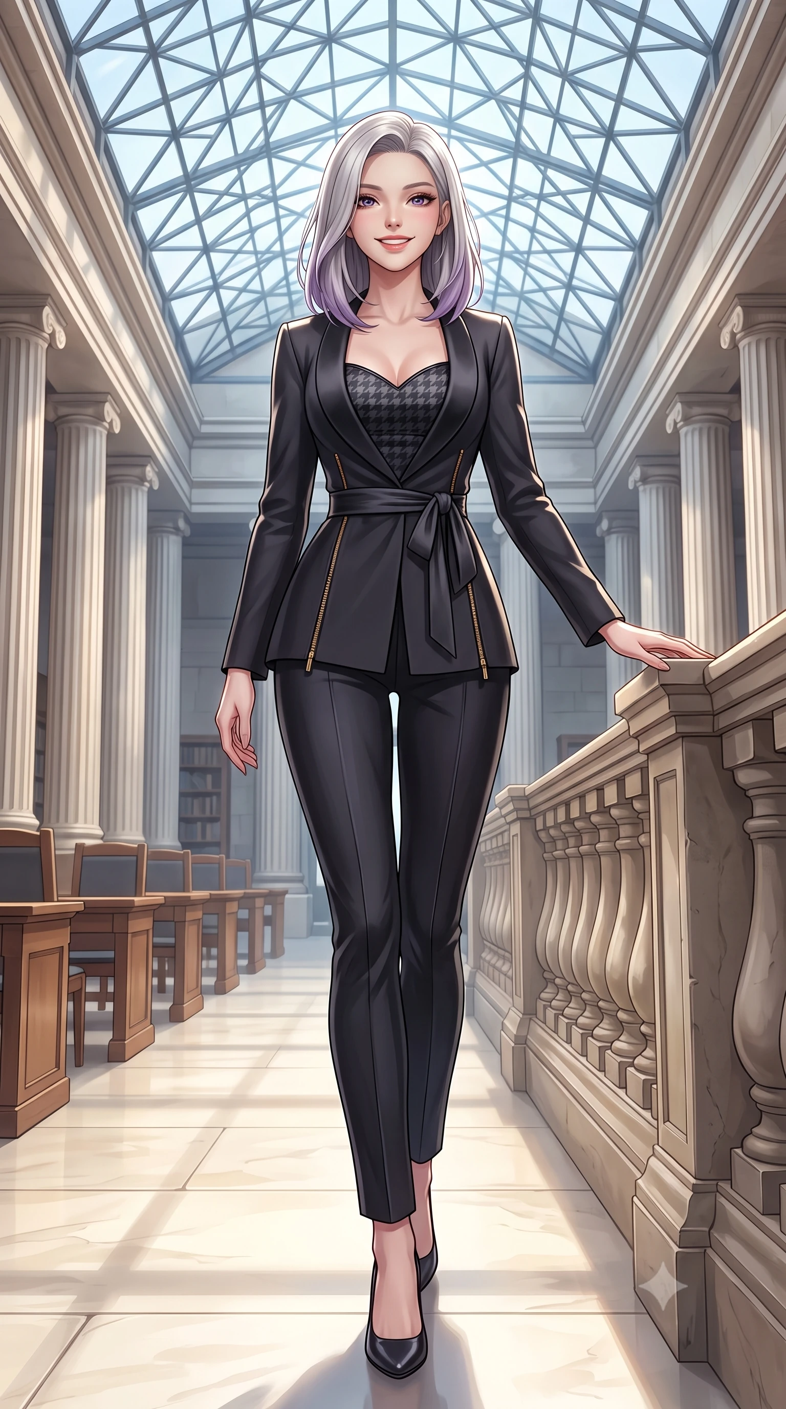 score_9, masterpiece, best quality, ultra-detailed, high-budget anime keyframe, semi-realistic 3D game render, editorial fashion photography, tasteful artistic composition, Caucasian woman. low angle full-body shot from head to toe showing her feet, filling the entire 9:16 vertical frame with her statuesque presence, stretching her vertical silhouette. stepping forward in a confident stride, her long slender legs and curvaceous hips creating a dynamic, sweeping vertical line while turning with a delightful beam toward the camera while resting one hand on the stone balustrade of the grand reading room. The surrounding environment is rendered in vivid detail and crisp panoramic clarity: sharp geometric steel strut joinery of glass ceiling, fluted column stone grooves, and smooth honed limestone paving joints in deep focus. She has an exceptionally tall and slender model-like 8.5-heads proportion, an ultra-slim waist, a flat toned midriff, narrow delicate ribcage, and beautifully sculpted feminine hips creating a graceful, slim hourglass silhouette without any bulky heaviness, with impossibly long slender legs. sharp v-shaped jawline, high-bridge nose, intricate jewel-like sparkling eyes with depth, thick eyelashes, glossy parted lips with a natural peach sheen, bright cheerful beaming smile with an enchanting and coquettish sensual glint, exuding both youthful cute charm and seductive allure, flawlessly proportioned anatomical accuracy, strict slender model proportions, natural body alignment, perfectly sculpted long slender limbs, ultra-slim waistline, clean dynamic posture without body distortion. wearing a sleek Taisho-modern tailored smoking jacket with a cinched silk sash worn over a body-hugging satin bustier top and fitted slacks in classic Savile Row charcoal houndstooth and crisp ivory, made of high-gauge compact silk knit that hugs her curves with seamless sculpted precision, featuring fine gold zipper details tracing the vertical spine and contour seams, the liquid-tight tailored fabric clinging flawlessly to her narrow waist and rounded feminine hips, emphasizing every millimeter of her sculpted slim hourglass curves without any bulky heaviness. illuminated by pale stone reflection bounce and sharp platinum rim lights sculpting her jawline, narrow waist, and statuesque proportions. highly saturated vibrant anime colors, detailed shading with soft gradients, rich glossy textures, high-contrast stereoscopic depth, volumetric dynamic lighting, master piece, 9:16 ratio
