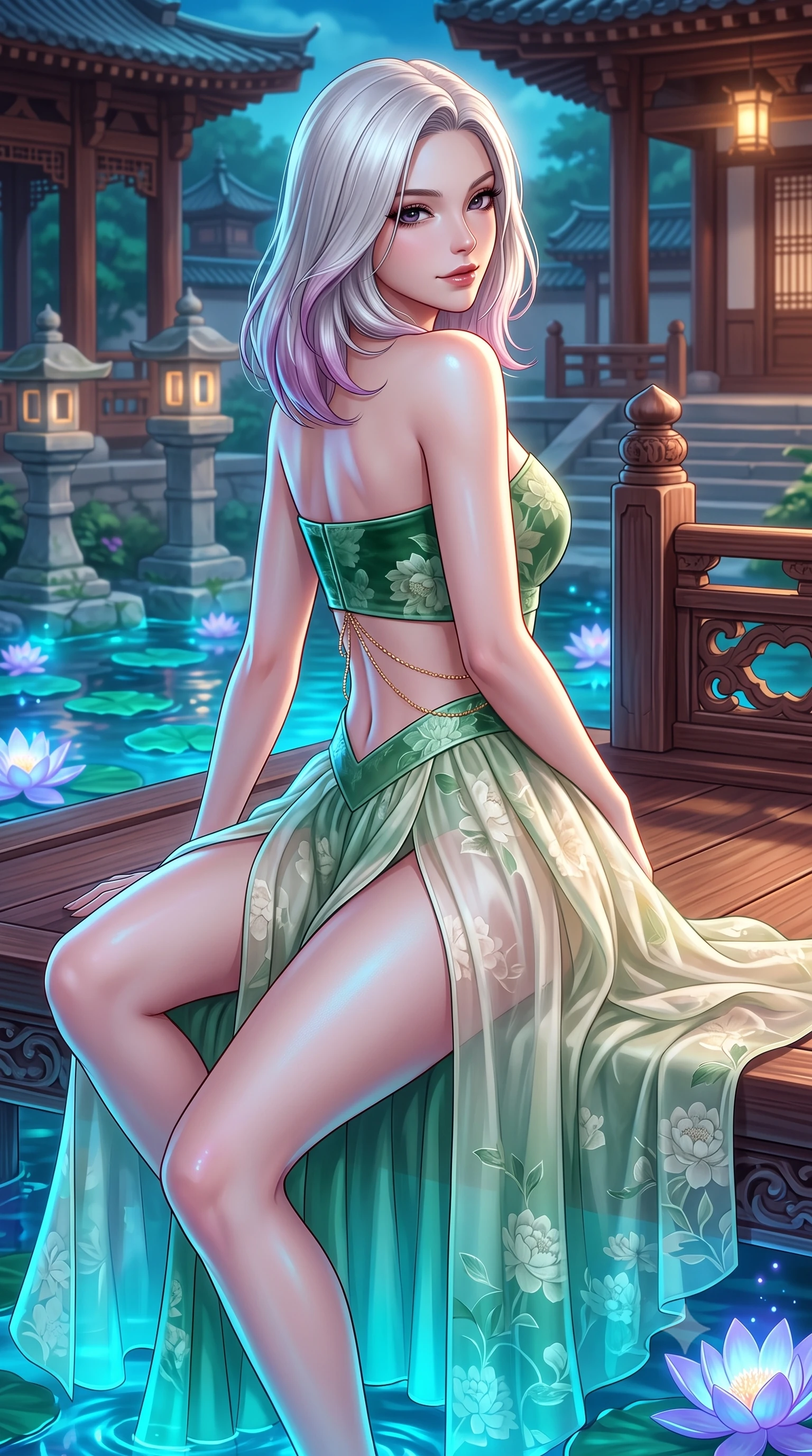 score_9, masterpiece, best quality, ultra-detailed, high-budget anime keyframe, semi-realistic 3D game render, editorial fashion photography, tasteful artistic composition, Caucasian woman. close-up cowboy shot from the waist and thighs up, the character dominates the composition, filling the frame with her large presence. posing in an alluring rear three-quarter angle, turning over a bare shoulder with an intoxicating gaze, her hips cocked back to highlight her slim hourglass curve while lounging gracefully across a wooden landing platform propped on one arm, her long slender legs and hourglass curves radiating fantasy allure. The surrounding environment is rendered in vivid detail and crisp panoramic clarity: detailed flowing silk gown drape, bioluminescent reflections on skin, and sacred sanctuary architecture in razor-sharp precision. She has an exceptionally elegant, slender, and willowy female figure with an ultra-slim waist, flat toned midriff, narrow ribcage, and sculpted feminine hips creating an alluring, slim hourglass silhouette without bulk. sharp v-shaped jawline, high-bridge nose, intricate jewel-like dark sparkling almond eyes with depth, thick lashes, glossy parted lips with a natural rose-plum sheen, bright alluring and coquettish smile with bedroom-eyes, exuding both timeless oriental elegance and sovereign high-fashion allure, flawlessly proportioned anatomical accuracy, strict slender model proportions, natural body alignment, perfectly sculpted long slender limbs, ultra-slim waistline, clean dynamic posture without body distortion. wearing a modern fusion hanbok dress with a structured velvet bodice and cascading sheer ombre organza skirt with front slit in fresh bamboo emerald and soft oatmeal cream, woven from delicate semi-opaque floral lace with oriental peony patterns, accented with a delicate gold body chain draping loosely across her flat midriff, the form-contouring cut accentuating her sculpted flat midriff, narrow delicate ribcage, and gracefully curvy hips with regal oriental supermodel elegance. bathed in magical cyan and violet bioluminescent light radiating from the lotus pond. highly saturated vibrant anime colors, detailed shading with soft gradients, rich glossy textures, high-contrast stereoscopic depth, volumetric dynamic lighting, master piece, 9:16 ratio