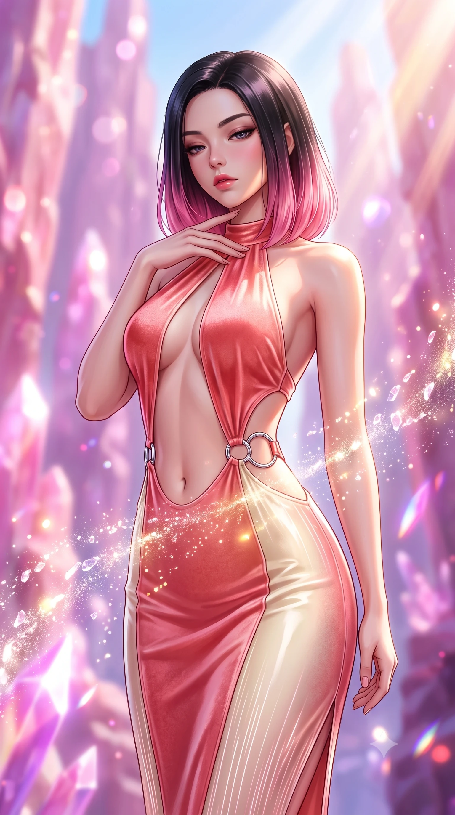 score_9, masterpiece, best quality, ultra-detailed, high-budget anime keyframe, semi-realistic 3D game render, editorial fashion photography, tasteful artistic composition, Korean woman. close-up cowboy shot from the waist and thighs up, the character dominates the composition, filling the frame with her large presence. resting her fingers lightly against her throat while looking down with a smoldering, haughty yet intensely captivating glance while arching her back in a fluid motion as cascading crystal stream mist catches golden sunlight around her torso. The composition keeps background elements in soft focus with creamy bokeh. towering rose quartz and amethyst canyon spires blurred into radiant pastel pink and violet bokeh. She has an exceptionally elegant, slender, and willowy female figure with an ultra-slim waist, a gracefully sculpted slender torso, toned flat midriff, and a refined slim silhouette. sharp v-shaped jawline, high-bridge nose, intricate jewel-like eyes with depth, thick eyelashes, glossy lips with a natural sheen, flawlessly proportioned anatomical accuracy, strict slender model proportions, natural body alignment, perfectly sculpted long slender limbs, ultra-slim waistline, clean dynamic posture without body distortion. wearing a velvet halter-neck midi dress fitting her statuesque contour flawlessly with a Tasteful chest slit and open spine in radiant coral pink and champagne ivory, tailored from semi-translucent cybernetic vinyl with glowing micro-filaments, detailed with polished silver rings connecting the daring side-waist cutouts, the precision-cut daring openings accentuating her delicate midriff, graceful bare collarbones, and ultra-slim feminine waistline. bathed in bright midday sunbeams penetrating canyon depths with glowing pink and violet crystal refractions. highly saturated vibrant anime colors, detailed shading with soft gradients, rich glossy textures, high-contrast stereoscopic depth, volumetric dynamic lighting, master piece, 9:16 ratio