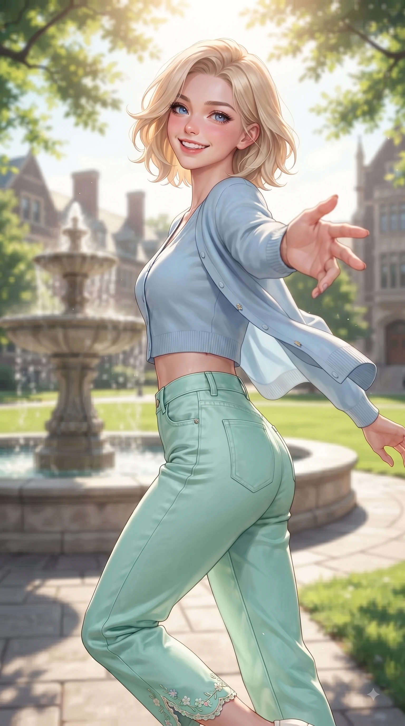 score_9, masterpiece, best quality, ultra-detailed, high-budget anime keyframe, editorial fashion photography, tasteful artistic composition, Caucasian woman. close-up cowboy shot from the waist and thighs up, the character dominates the composition, filling the frame with her large presence. Radiant youthful grin reflecting girlhood charm while casting a playful, joyful side-gaze with heavy lashes while reaching out cheerfully with a bright smile near a grand stone fountain on the college quad. The composition keeps background elements in soft focus with dreamy bokeh. lush green quad lawns and historical college buildings blurred in dreamy shallow focus. She has an exceptionally elegant, slender, and willowy female figure with an ultra-slim waist, a gracefully sculpted slender torso, and a refined silhouette. sharp v-shaped jawline, high-bridge nose, intricate jewel-like eyes with depth, thick eyelashes, glossy lips with a natural sheen, flawlessly proportioned anatomical accuracy, natural body alignment, perfectly sculpted elegant limbs, clean dynamic posture without body distortion. wearing a casual chic pastel blue cropped cardigan with high-rise straight-leg denim jeans in refreshing mint green and crisp white, crafted from smooth fluid silk satin, complemented by delicate embroidered floral trim along the hem, the soft airy drape swaying gracefully with her dynamic movements. bathed in brilliant sunny morning light filtering through tree canopies. ultra-reflective glossy finish, specular highlights, metallic sheen, high-contrast stereoscopic depth, volumetric dynamic lighting, 2k, ultra detail, master piece, 9:16 ratio