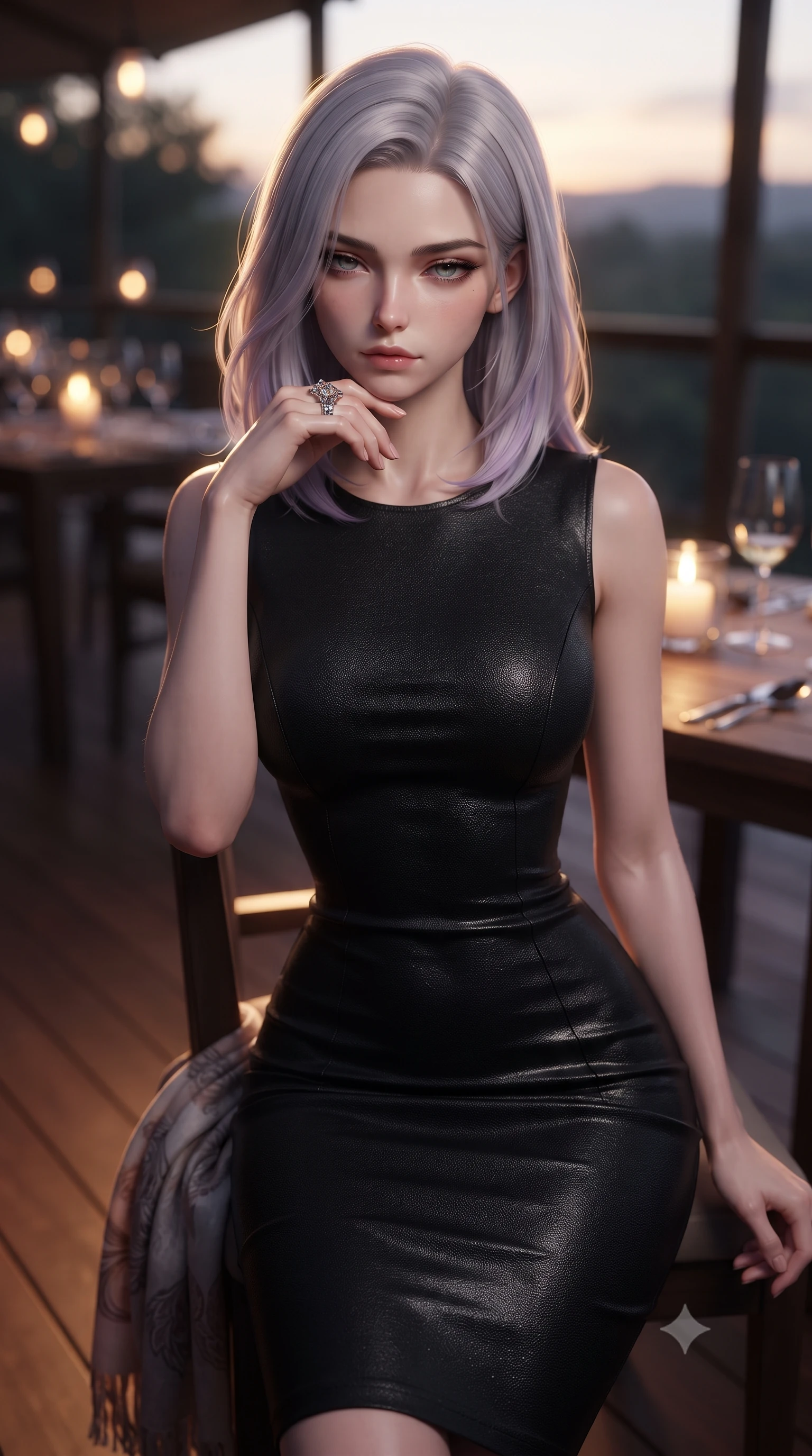 score_9, masterpiece, best quality, ultra-detailed, high-budget anime keyframe, editorial fashion photography, tasteful artistic composition, Caucasian woman. close-up cowboy shot from the waist and thighs up, the character dominates the composition, filling the frame with her large presence, background elements kept in soft focus. resting her chin on the backs of her fingers, casting a heavy-lidded, sultry look past the camera the background shows a soft-focus a glamping dining deck with wooden tables, candles, and wine glasses at dusk. She has an exceptionally elegant, slender, and willowy female figure with an ultra-slim waist, a gracefully sculpted slender torso, and a refined silhouette. sharp v-shaped jawline, high-bridge nose, intricate jewel-like eyes with depth, thick eyelashes, glossy lips with a natural sheen. wearing a form-contouring form-fitting black bodycon dress in structured crepe fabric with a simple crew neck. warm golden hour sunset tracing her silhouette with a soft glowing rim light. ultra-reflective glossy finish, specular highlights, metallic sheen, high-contrast stereoscopic depth, volumetric dynamic lighting, 2k, ultra detail, master piece, 9:16 ratio