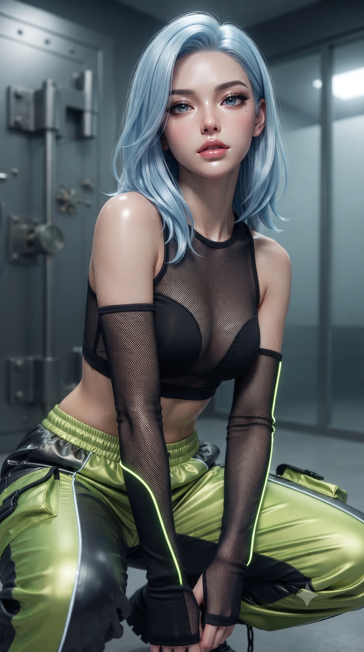score_9, masterpiece, best quality, ultra-detailed, high-budget anime keyframe, editorial fashion photography, tasteful artistic composition, Korean woman. close-up cowboy shot from the waist and thighs up, the character dominates the composition, filling the frame with her large presence. tilting her chin up with proud, sovereign confidence while gazing directly into the lens with thick, dark eyelashes while sliding into a low tactical crouch beside a glowing data core, eyes scanning the perimeter with lethal intelligence. The composition keeps background elements in soft focus with creamy bokeh. heavy vault door locking bolts and frosted glass partition walls softened in moody shallow depth of field. She has an exceptionally elegant, slender, and willowy female figure with an ultra-slim waist, a gracefully sculpted slender torso, toned flat midriff, and a refined slim silhouette. sharp v-shaped jawline, high-bridge nose, intricate jewel-like eyes with depth, thick eyelashes, glossy lips with a natural sheen, captivating and magnetic expression, flawlessly proportioned anatomical accuracy, strict slender model proportions, natural body alignment, perfectly sculpted long slender limbs, ultra-slim waistline, clean dynamic posture without body distortion. wearing a sporty Y2K mesh-paneled crop top with asymmetrical sleeve warmers and low-slung metallic track pants in acid lime green and dark obsidian, made of breathable technical athletic mesh and liquid-finish track nylon, finished with glowing fiber-optic seam piping and miniature utility pouches edition #24, the glove-like aerodynamic second-skin fit tightly clinging to her ultra-slender waist and athletic curves without adding bulk, accentuating her razor-sharp statuesque lines and slim hourglass silhouette. surrounded by a deadly, sophisticated, and irresistibly alluring secret agent femme fatale aura. ultra-reflective glossy finish, specular highlights, rich textural contrasts, high-contrast stereoscopic depth, volumetric dynamic lighting, 2k, ultra detail, master piece, 9:16 ratio
