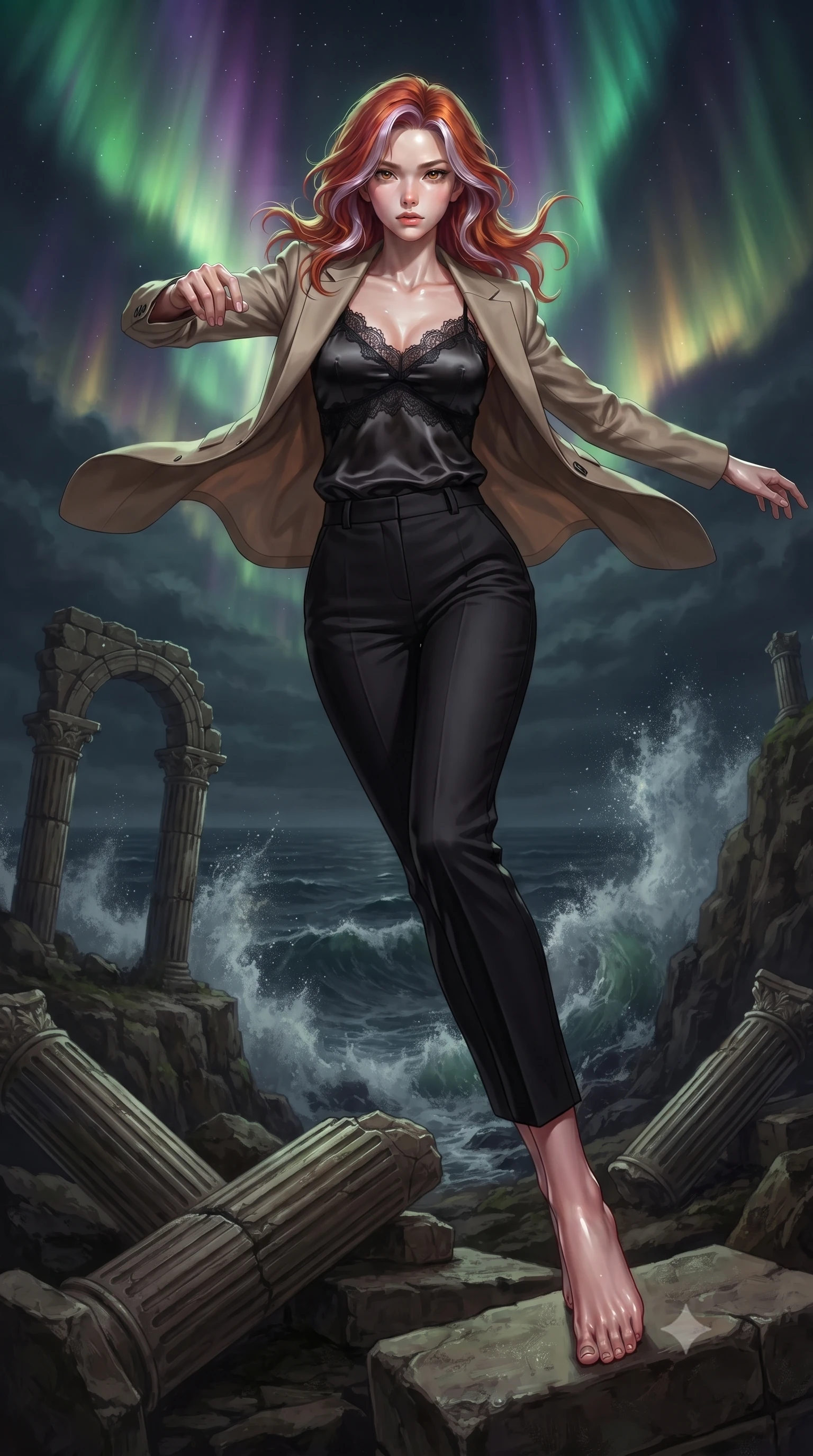 score_9, masterpiece, best quality, ultra-detailed, high-budget anime keyframe, editorial fashion photography, tasteful artistic composition, realistic cosplay photography, Caucasian woman, strictly human ears. low angle full-body shot from head to toe showing her feet, filling the entire 9:16 vertical frame with her statuesque presence, stretching her vertical silhouette. vaulting over architectural obstacles with acrobatic grace and fierce determination through a rocky cliffside overlooking a dark ocean, where giant waves smash against the stone base, spraying seawater high into the air. She has a statuesque 8.5-heads proportion, an exceptionally tall, slender and willowy model-like build with impossibly long legs and a highly sculpted ultra-slim waist. sharp v-shaped jawline, high-bridge nose, intricate jewel-like eyes with depth, thick eyelashes, glossy lips with a natural sheen. wearing the lightweight fabric rippling and billowing dramatically with her movement, a tailored black fine lace-trimmed satin camisole layered under a structured beige blazer, paired with tailored pencil pants. illuminated by a shifting aurora palette of green violet and gold from above. ultra-reflective glossy finish, specular highlights, metallic sheen, high-contrast stereoscopic depth, volumetric dynamic lighting, 2k, ultra detail, master piece, 9:16 ratio