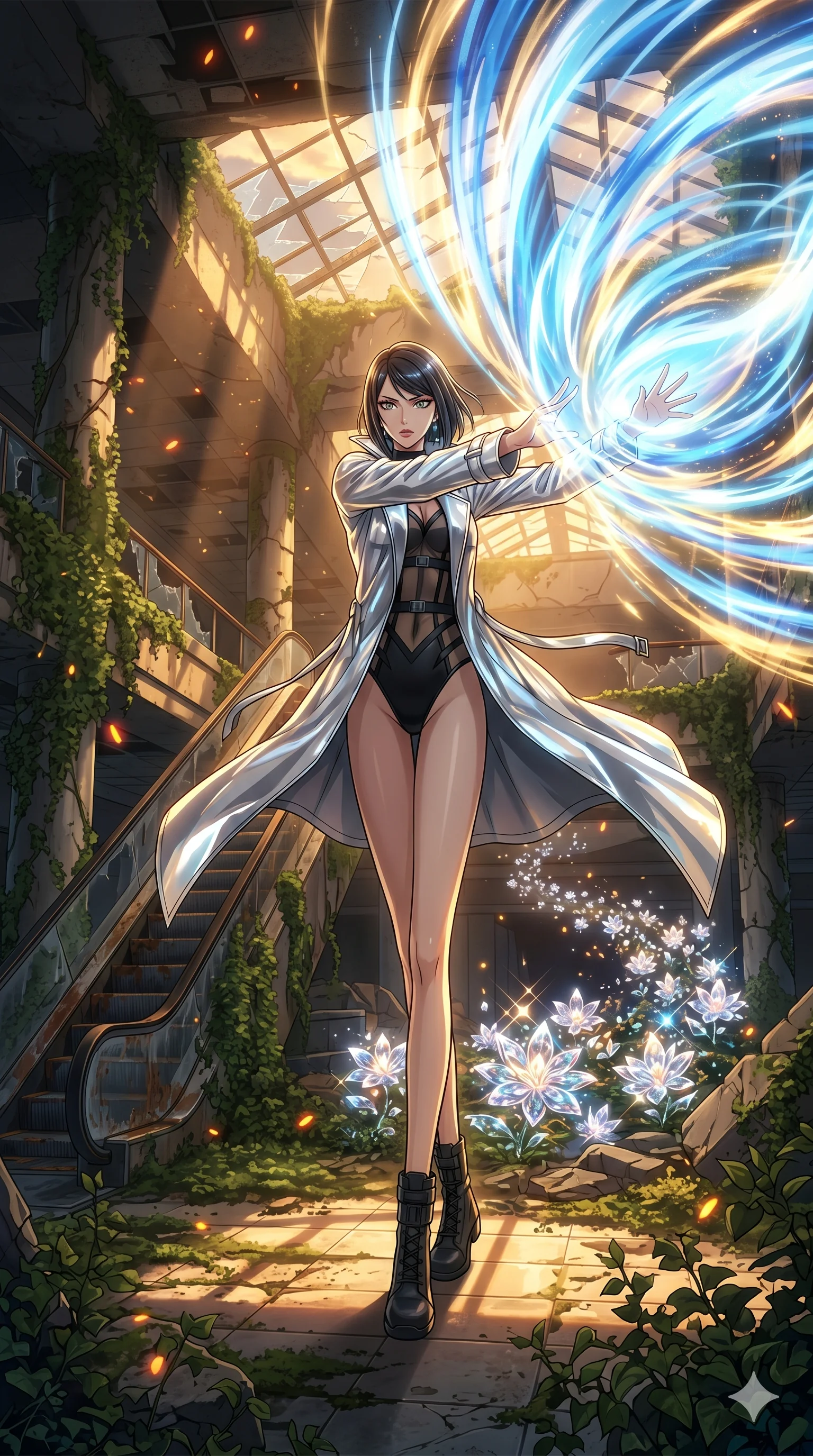 score_9, masterpiece, best quality, ultra-detailed, Set A: High-budget Anime Keyframe, Japanese woman. Low angle cowboy shot filling the entire 9:16 frame with her statuesque presence. Theme: Ethereal Dream. unleashing a massive energy wave in a ruined overgrown shopping mall, while she leaves a trail of 186 blooming crystal flowers. The atmosphere is filled with golden hour with floating embers. She has an absolutely perfect 8-heads proportion, an exceptionally tall and slender female figure with impossibly long slender legs and an ultra-slim waist. Sharp v-shaped jawline, high-bridge nose, intricate jewel-like eyes with depth, glossy lips. Wearing Tech-noir detective trench coat in reflective silver over a strappy bodysuit. Cinematic lighting, vivid colors, dramatic shadows, 2k, ultra detail, master piece, 9:16 ratio