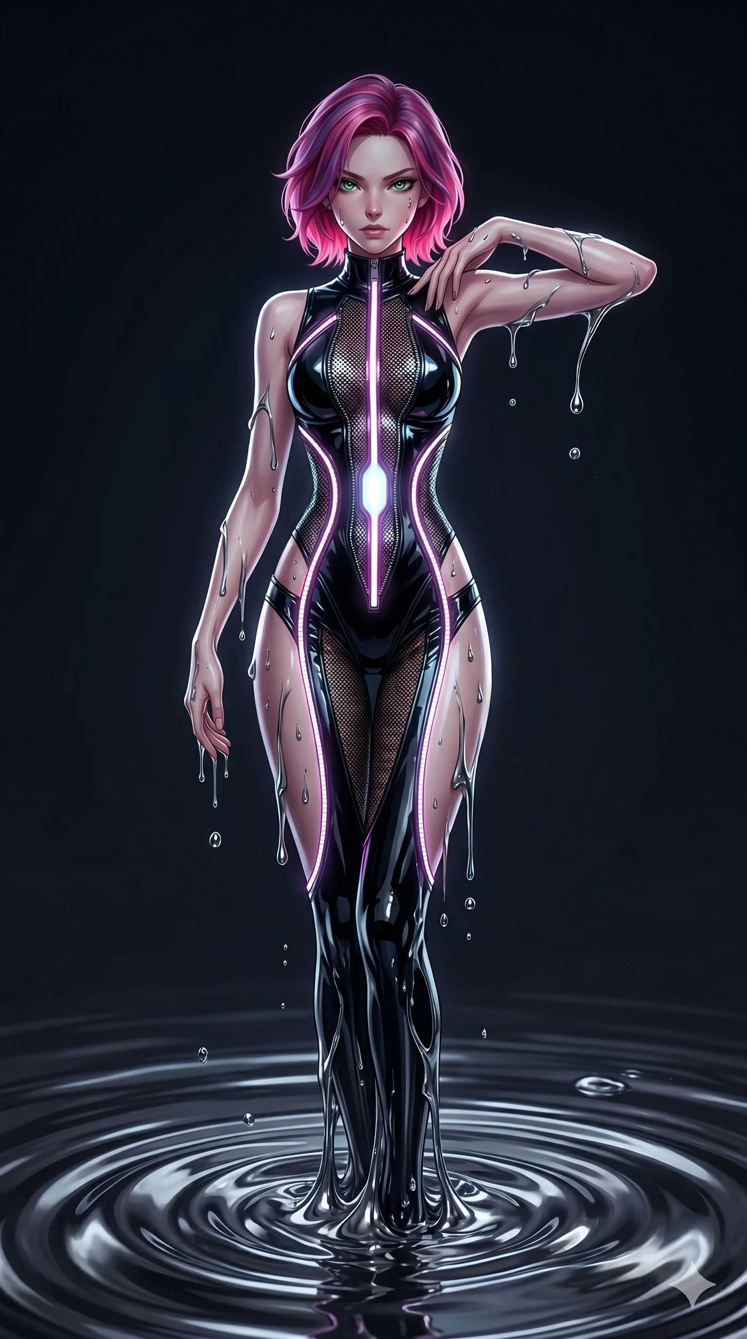 score_9, masterpiece, best quality, ultra-detailed, High-budget Anime Keyframe, East Asian woman. Dynamic full-body shot stretching the vertical silhouette to the limit. Scenario 254: Rising from a pool of mercury-like liquid, droplets rolling off her skin. Her presence is magnetic and overpowering in this high-budget anime scene. Outfit 254: A patent leather micro-mesh with a unzipped detail and glowing LED seams. The clothing is designed to emphasize her exceptionally tall and slender 8-heads proportion. 8-heads proportion, towering silhouette, ultra-slim waist. sharp v-shaped jawline, intricate jewel-like eyes with depth, thick eyelashes, glossy lips. 2k, ultra detail, master piece, 9:16 ratio