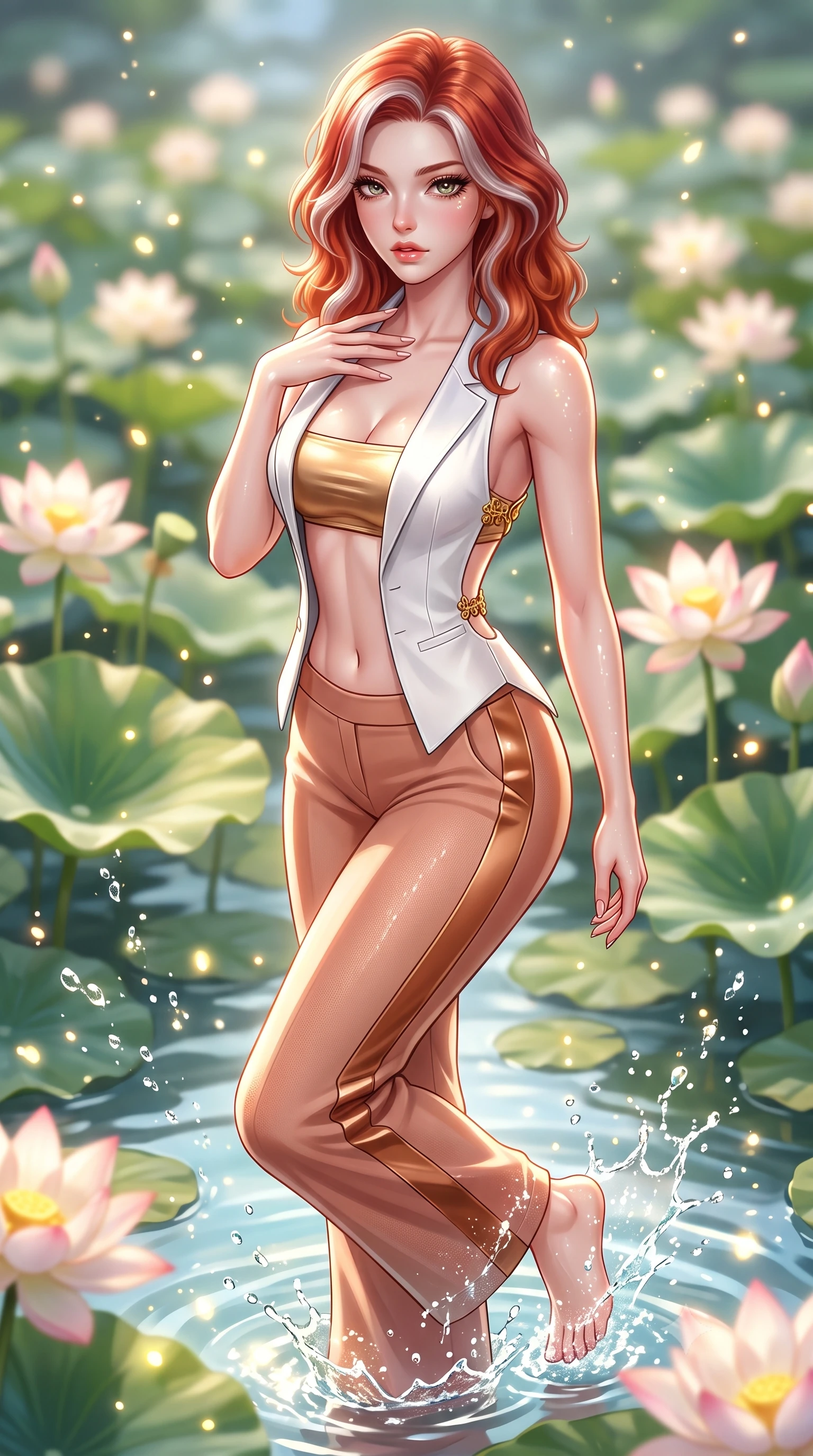 score_9, masterpiece, best quality, ultra-detailed, high-budget anime keyframe, semi-realistic 3D game render, editorial fashion photography, tasteful artistic composition, Caucasian woman. close-up cowboy shot from the waist and thighs up, the character dominates the composition, filling the frame with her large presence. resting one manicured hand delicately on her bare collarbone, her upper body twisting in a fluid, voluptuous yet slender curve while wading lightly into the shallow lotus pool, water splashing around her slender ankles in glittering droplets. The composition keeps background elements in soft focus with creamy bokeh. sparkling water splash caustics and floating pollen scattering luminous glowing light motes. She has an exceptionally elegant, slender, and willowy female figure with an ultra-slim waist, a gracefully sculpted slender torso, toned flat midriff, and a refined slim silhouette. sharp v-shaped jawline, high-bridge nose, intricate jewel-like eyes with depth, thick eyelashes, glossy parted lips with a natural sheen, intensely captivating and seductive expression, flawlessly proportioned anatomical accuracy, strict slender model proportions, natural body alignment, perfectly sculpted long slender limbs, ultra-slim waistline, clean dynamic posture without body distortion. wearing a tailored white solar-fiber tuxedo vest worn open over a metallic gold bandeau top and wide slacks in light terracotta and metallic copper accents, made of flexible bio-polymer knit with second-skin elasticity, finished with a dramatic open back secured by golden filigree clasps, the form-contouring material adhering flawlessly to her sculpted flat midriff and slender torso, emphasizing her long leg lines and perfectly proportioned willowy build. surrounded by a fresh, captivating, and delightfully invigorating summer muse aura. highly saturated vibrant anime colors, detailed shading with soft gradients, rich glossy textures, high-contrast stereoscopic depth, volumetric dynamic lighting, master piece, 9:16 ratio