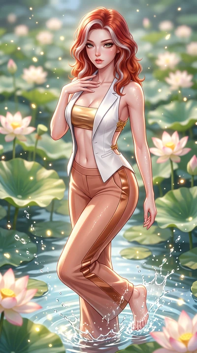score_9, masterpiece, best quality, ultra-detailed, high-budget anime keyframe, semi-realistic 3D game render, editorial fashion photography, tasteful artistic composition, Caucasian woman. close-up cowboy shot from the waist and thighs up, the chara
