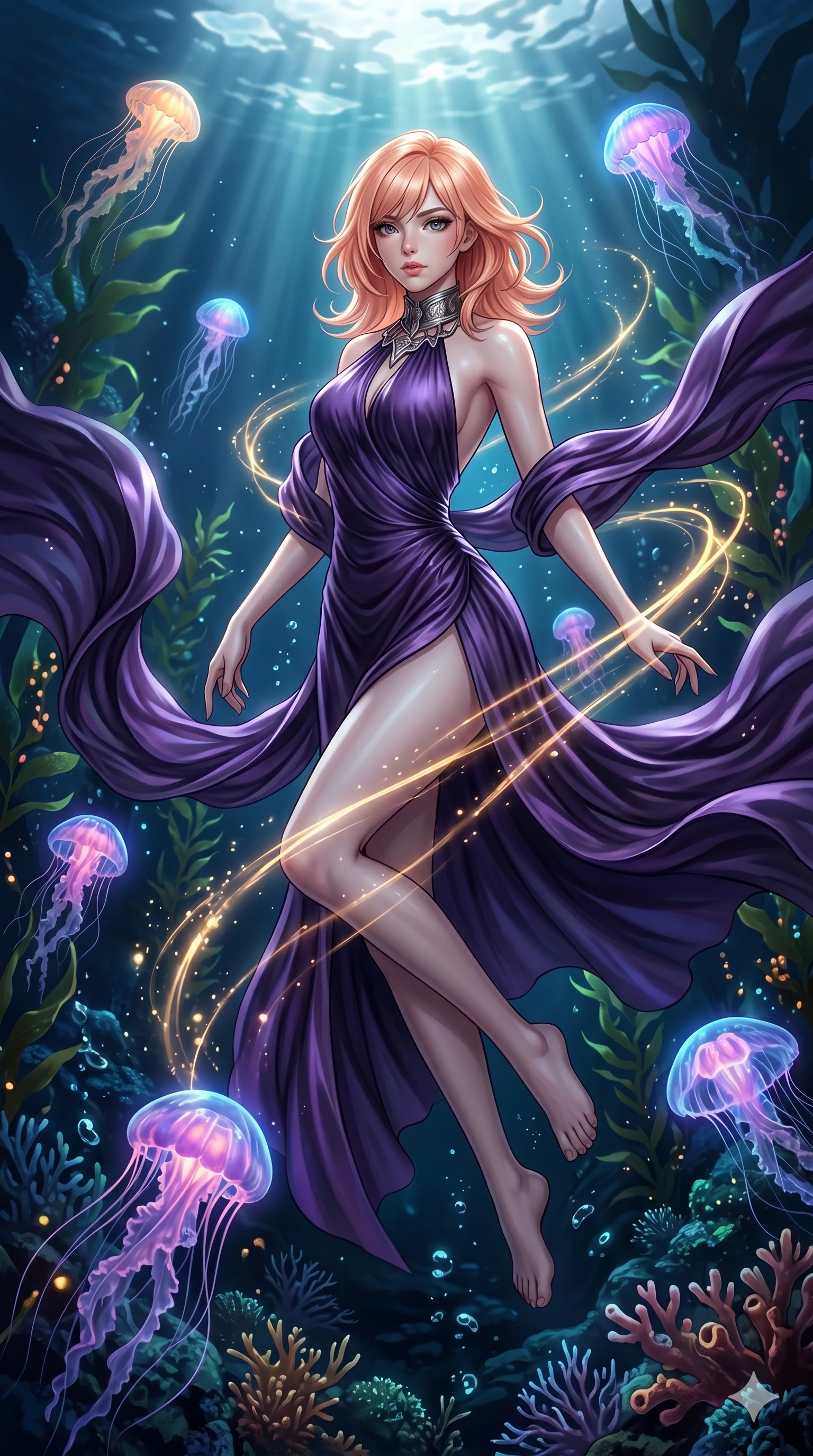 score_9, masterpiece, best quality, ultra-detailed, high-budget anime keyframe, editorial fashion photography, tasteful artistic composition, Japanese woman. upper body close-up from the thighs up, character filling the screen for maximum presence. floating suspended above inside a bioluminescent kelp forest with neon jellyfish dancing in the currents as trails of golden light follow her dynamic movement. She has an absolutely perfect 8-heads proportion, an exceptionally tall and slender female figure with impossibly long slender legs and an ultra-slim waist. V-shaped jawline, high-bridge nose, intricate jewel-like eyes with depth, thick eyelashes, glossy lips with a natural sheen.. wearing a gothic liquid silk gown, featuring a deep purple liquid silk maxi gown draped around her, secured by a metallic choker collar, with a high side slit. bathed in dramatic god rays filtering through clouds with high specular highlights along her silhouette. 2k, ultra detail, master piece, 9:16 ratio