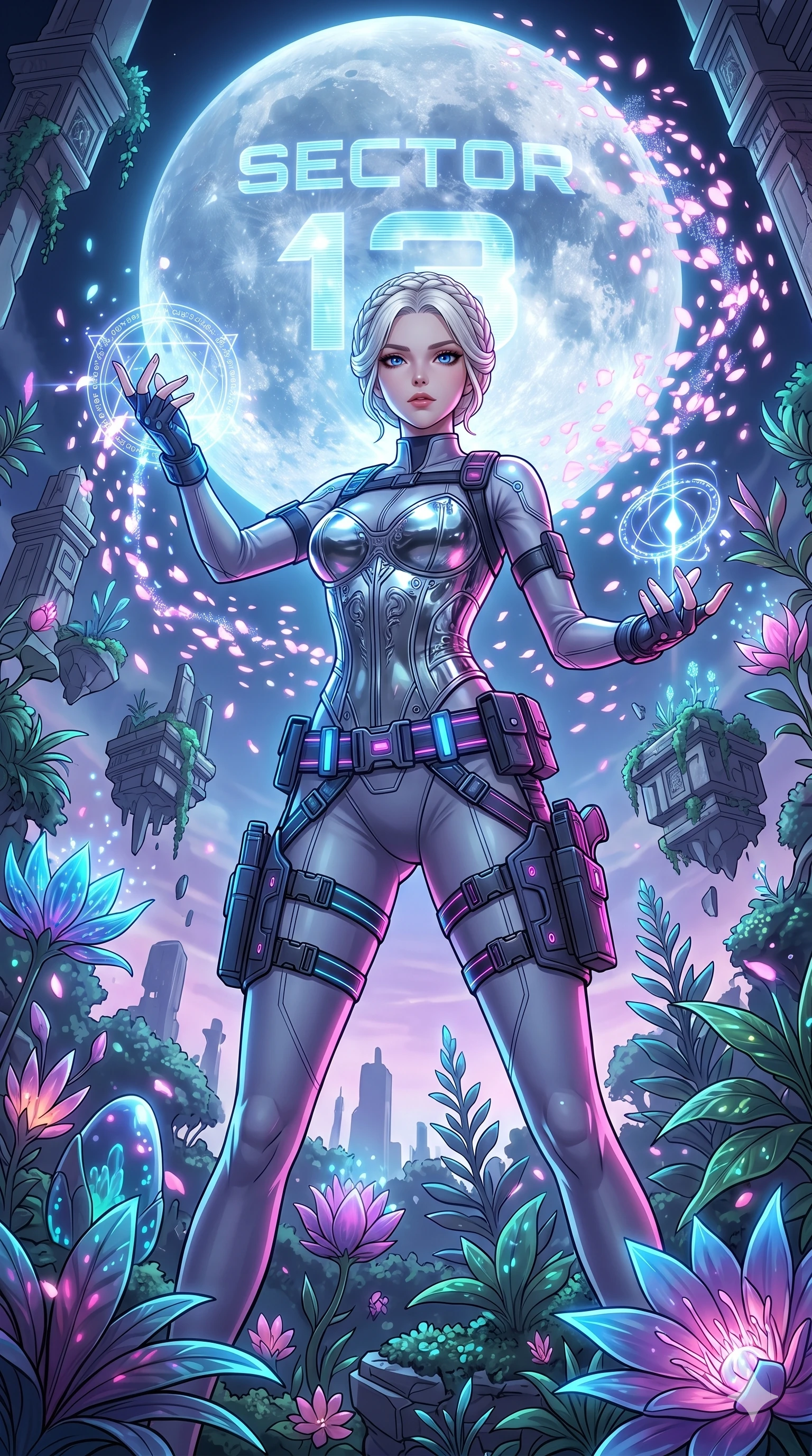 score_9, masterpiece, best quality, ultra-detailed, Set A: High-budget Anime Keyframe, Japanese woman. Low angle cowboy shot filling the entire 9:16 frame with her statuesque presence. Casting a spell through a floating botanical garden, with a massive holographic moon rising behind her marked as sector 13 and surrounded by digital sakura petals. She has an absolutely perfect 8-heads proportion, an exceptionally tall and slender female figure with impossibly long slender legs and an ultra-slim waist. Sharp v-shaped jawline, high-bridge nose, intricate jewel-like eyes with depth, thick eyelashes, glossy lips with a natural sheen. Wearing Modular tactical gear with a chrome-plated corset and neon-lit tactical belts. Cinematic lighting, vibrant colors, dramatic shadows, 2k, ultra detail, master piece, 9:16 ratio