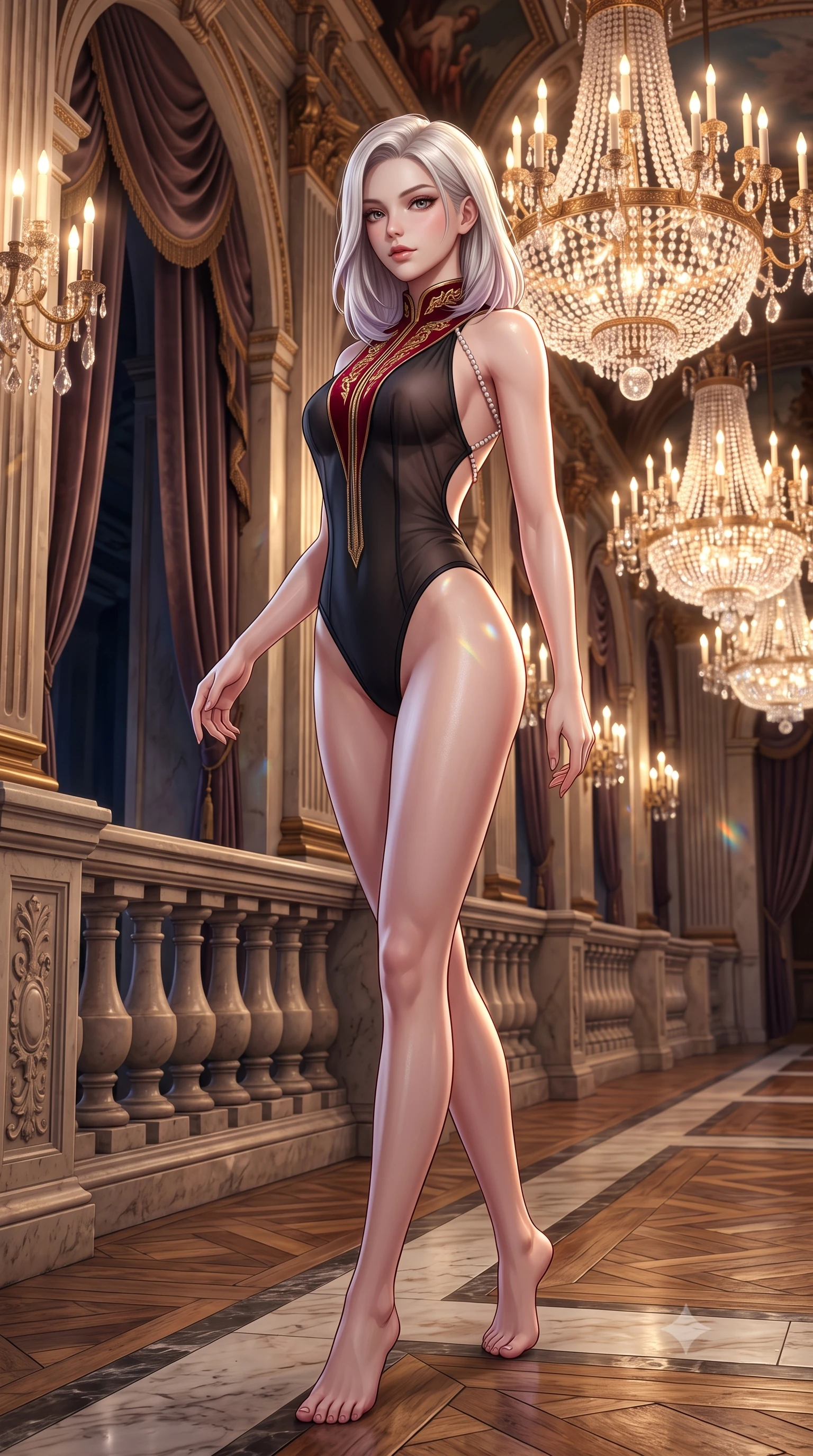 score_9, masterpiece, best quality, ultra-detailed, high-budget anime keyframe, semi-realistic 3D game render, editorial fashion photography, tasteful artistic composition, Caucasian woman. low angle full-body shot from head to toe showing her feet, filling the entire 9:16 vertical frame with her statuesque presence, stretching her vertical silhouette. walking along the terrace with poise, looking back over her bare shoulder with an irresistible smoldering bedroom-gaze while twisting her slender torso in an alluring contrapposto stance, shimmering crystal chandelier refractions dancing across her curves. The surrounding environment is rendered in vivid detail and crisp panoramic clarity: detailed ballet leotard satin weave, delicate lace ribbons, and historic French opera architecture in razor-sharp precision. She has an absolutely perfect, statuesque 8.5-heads proportion, an exceptionally tall and slender model-like female figure with impossibly long slender legs, an ultra-slim waist, a flat toned midriff, narrow delicate ribcage, and beautifully sculpted feminine hips creating a graceful, slim hourglass silhouette without any bulky heaviness. sharp v-shaped jawline, high-bridge nose, sparkling eyes with hypnotic seductive depth, thick curled eyelashes, glossy parted lips with a natural dewy peach sheen, alluring bedroom-eyes with an enchanting coquettish smile, exuding magnetic siren charisma and sophisticated glamour, flawlessly proportioned anatomical accuracy, strict slender model proportions, natural body alignment, perfectly sculpted long slender limbs, ultra-slim waistline, clean dynamic posture without body distortion. wearing a form-contouring liquid-tight matte-black tactical bodysuit with a plunging front zipper and high-cut leg openings in royal opera house crimson velvet and shimmering gold leaf, made of sheer gossamer chiffon that drapes softly against skin with airy translucence, accented with a pearl-drop body harness subtly framing her dewy collarbones and spine, the precision-cut side openings and low-back scoop framing her graceful spine and the sensual sweep of her slim, toned hips. bathed in the warm radiant brilliance of thousands of crystal chandelier electric candles. highly saturated vibrant anime colors, detailed shading with soft gradients, rich glossy textures, high-contrast stereoscopic depth, volumetric dynamic lighting, master piece, 9:16 ratio