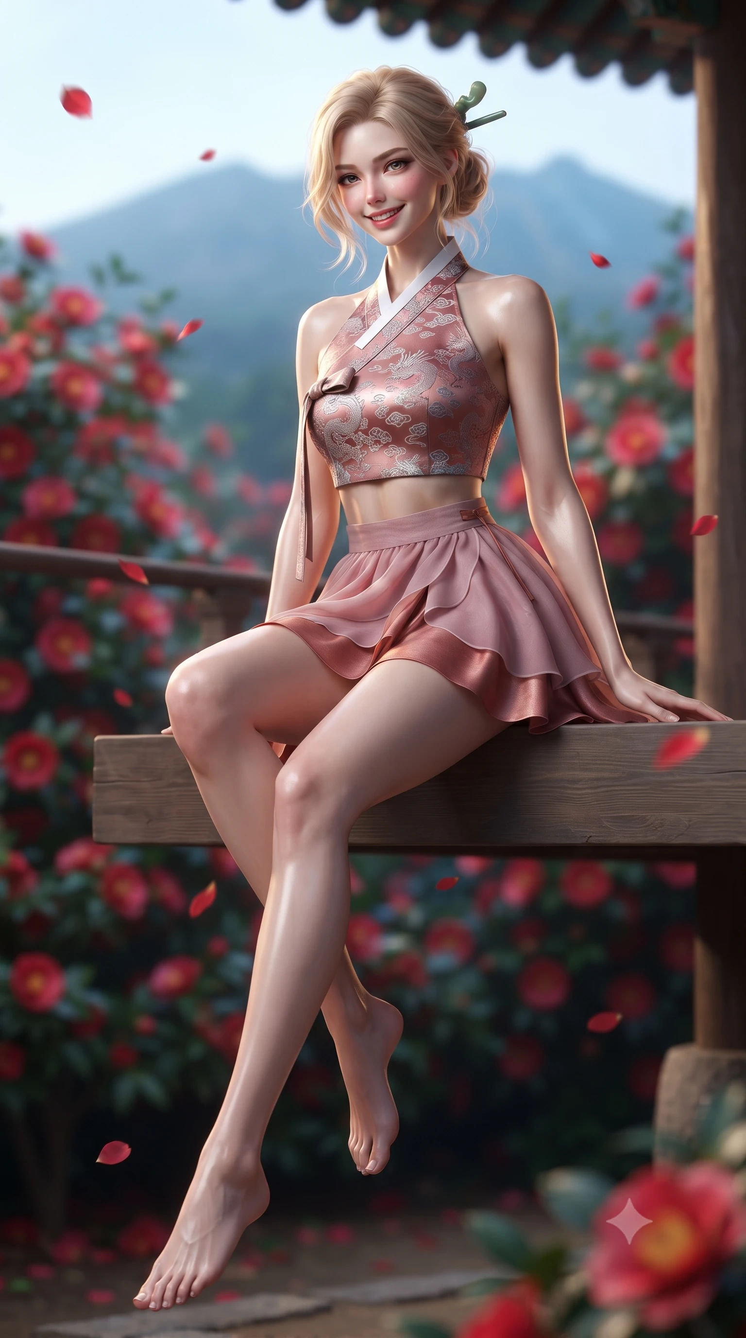 score_9, masterpiece, best quality, ultra-detailed, high-budget anime keyframe, editorial fashion photography, tasteful artistic composition, Caucasian woman. low angle full-body shot from head to toe showing her feet, filling the entire 9:16 vertical frame with her statuesque presence, stretching her vertical silhouette. sitting perched on the elevated pavilion terrace edge with legs crossed and hips angled toward the camera, displaying her toned midriff and long slender limbs with joyful, coquettish charm while twisting her slender torso in an alluring S-curve, falling crimson camellia petals and golden island breezes highlighting her curvy hips and waist. The background shows a soft-focus thousands of blooming crimson camellia flowers and distant volcanic Hallasan slopes blurred into ruby red, emerald, and azure bokeh. She has an absolutely perfect, statuesque 8.5-heads proportion, an exceptionally tall and slender model-like female figure with impossibly long slender legs, an ultra-slim waist, a flat toned midriff, narrow delicate ribcage, and beautifully sculpted feminine hips creating a graceful, slim hourglass silhouette without any bulky heaviness. sharp v-shaped jawline, high-bridge nose, intricate jewel-like dark sparkling almond eyes with depth, thick lashes, glossy parted lips with a natural rose-plum sheen, bright alluring and coquettish smile with bedroom-eyes, exuding both timeless oriental elegance and sovereign high-fashion allure, flawlessly proportioned anatomical accuracy, strict slender model proportions, natural body alignment, perfectly sculpted long slender limbs, ultra-slim waistline, clean dynamic posture without body distortion. wearing a modern halter-neck fusion hanbok bodice with delicate silver embroidery and a fluttering layered chiffon wrap mini skirt in dusty rose pink and burnished copper, made of rich jacquard silk with intricate embossed dragon and cloud motifs, featuring a modern sculptural jade hair pin securing her loose silky updo, the form-contouring cut accentuating her sculpted flat midriff, narrow delicate ribcage, and gracefully curvy hips with regal oriental supermodel elegance. illuminated by black stone bounce and sharp amber rim lights defining her sculpted collarbones, ultra-slim waist, and curvy hips. ultra-reflective glossy finish, specular highlights, rich textural contrasts, high-contrast stereoscopic depth, volumetric dynamic lighting, 2k, ultra detail, master piece, 9:16 ratio