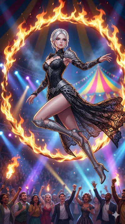 score_9, masterpiece, best quality, ultra-detailed, Set C: High-budget Anime Keyframe, Korean woman. Low angle cowboy shot filling the entire 9:16 frame with her statuesque presence. Leaping through a ring of fire on a circus stage with cheering crow