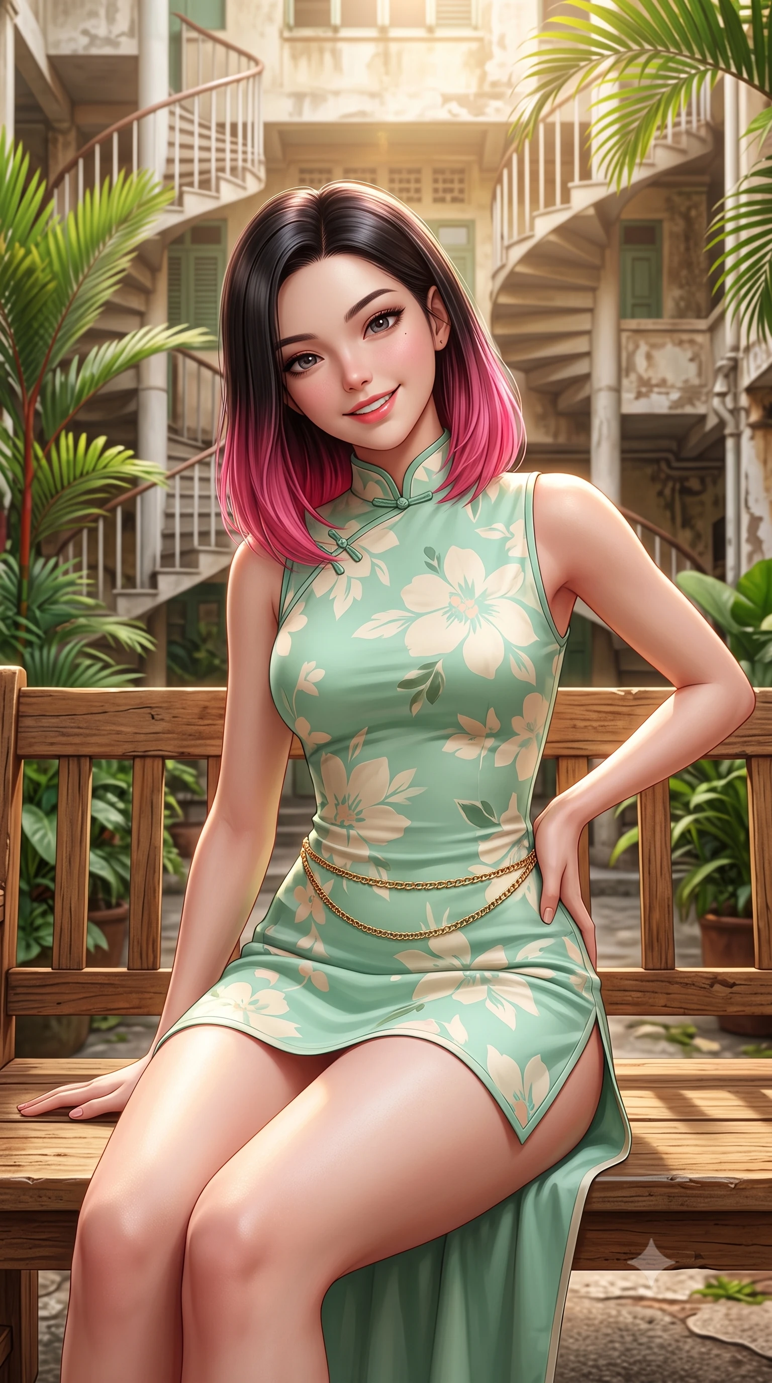 score_9, masterpiece, best quality, ultra-detailed, high-budget anime keyframe, semi-realistic 3D game render, editorial fashion photography, tasteful artistic composition, Korean woman. close-up cowboy shot from the waist and thighs up, the character dominates the composition, filling the frame with her large presence. tilting her head with a cute beaming smile while arching her spine with effortless dancer poise, one hand sliding along her hip line in a flirtatious S-curve while sitting on a low teak bench in a lush tropical courtyard beneath curved Streamline Moderne spiral staircases, arching her back with a bright, charming smile. The surrounding environment is rendered in vivid detail and crisp panoramic clarity. detailed linen outfit drape, warm sunlight glints on skin, and Tiong Bahru heritage architecture in high resolution. She has an exceptionally elegant, slender, and willowy female figure with an ultra-slim waist, flat toned midriff, narrow ribcage, and sculpted feminine hips creating an alluring, slim hourglass silhouette without bulk. sharp v-shaped jawline, high-bridge nose, intricate jewel-like sparkling eyes with depth, thick eyelashes, glossy parted lips with a natural peach sheen, bright cheerful beaming smile with an enchanting and coquettish sensual glint, exuding both youthful cute charm and seductive allure, flawlessly proportioned anatomical accuracy, strict slender model proportions, natural body alignment, perfectly sculpted long slender limbs, ultra-slim waistline, clean dynamic posture without body distortion. wearing a modern cute qipao mini dress with double side slits ascending to the hip in pastel floral silk in refreshing mint green and soft vanilla cream, tailored from crisp cotton poplin with clean structural lines, accented with a delicate gold chain belt resting loosely on her curvy hips, the form-fitting cut adhering flawlessly to her sculpted flat midriff and slender torso, emphasizing her long leg lines and perfectly proportioned willowy build. bathed in warm, luminous tropical morning sunlight streaming into the secluded courtyard. highly saturated vibrant anime colors, detailed shading with soft gradients, rich glossy textures, high-contrast stereoscopic depth, volumetric dynamic lighting, master piece, 9:16 ratio