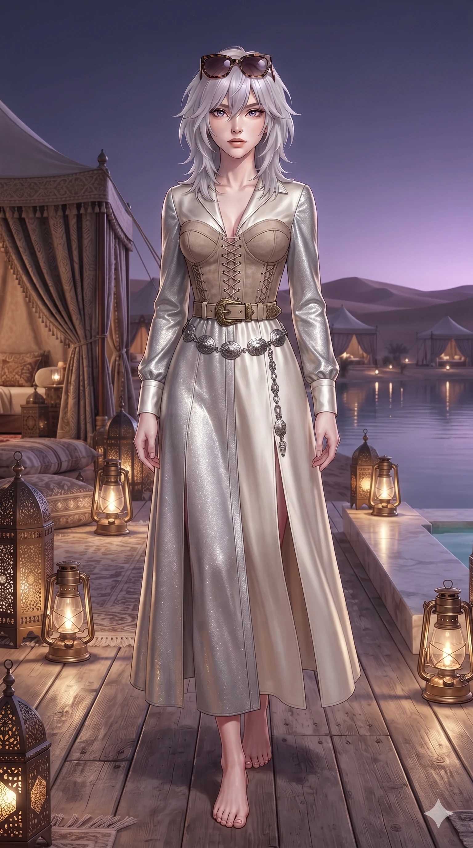 score_9, masterpiece, best quality, ultra-detailed, high-budget anime keyframe, editorial fashion photography, tasteful artistic composition, Japanese woman. low angle full-body shot from head to toe showing her feet, filling the entire 9:16 vertical frame with her statuesque presence, stretching her vertical silhouette. walking along the waterfront terrace with poise, looking back over her bare shoulder with an irresistible smoldering bedroom-gaze while sitting gracefully on the veranda edge with legs dangling over desert scrub, flashing an intoxicating smile with parted glossy lips as wind stirs the canvas. The surrounding environment is rendered in vivid detail and crisp panoramic clarity: detailed lace-up suede bustier tailoring, silver concho waist chain, and luxury desert glamping decor in razor-sharp resolution. She has an absolutely perfect, statuesque 8.5-heads proportion, an exceptionally tall and slender model-like female figure with impossibly long slender legs, an ultra-slim waist, a flat toned midriff, narrow delicate ribcage, and beautifully sculpted feminine hips creating a graceful, slim hourglass silhouette without any bulky heaviness. sharp v-shaped jawline, high-bridge nose, sparkling eyes with hypnotic seductive depth, thick curled eyelashes, glossy parted lips with a natural dewy peach sheen, alluring bedroom-eyes with an enchanting coquettish smile, exuding magnetic siren charisma and sophisticated glamour, flawlessly proportioned anatomical accuracy, strict slender model proportions, natural body alignment, perfectly sculpted long slender limbs, ultra-slim waistline, clean dynamic posture without body distortion. wearing a refined long-sleeve desert safari trench dress with structured waist belt and brass buckle hardware in shimmering silver mercury and sunlit pearl, crafted from rugged heavy-duty canvas and oiled leather with authentic desert durability, complemented by oversized designer tortoiseshell sunglasses resting atop her head, the impeccably tailored cut draping gracefully along her slender figure with aristocratic western poise. bathed in the warm, romantic 2200K ambient light of brass kerosene lanterns mixed with the soft purple glow of early nightfall. ultra-reflective glossy finish, specular highlights, rich textural contrasts, high-contrast stereoscopic depth, volumetric dynamic lighting, 2k, ultra detail, master piece, 9:16 ratio