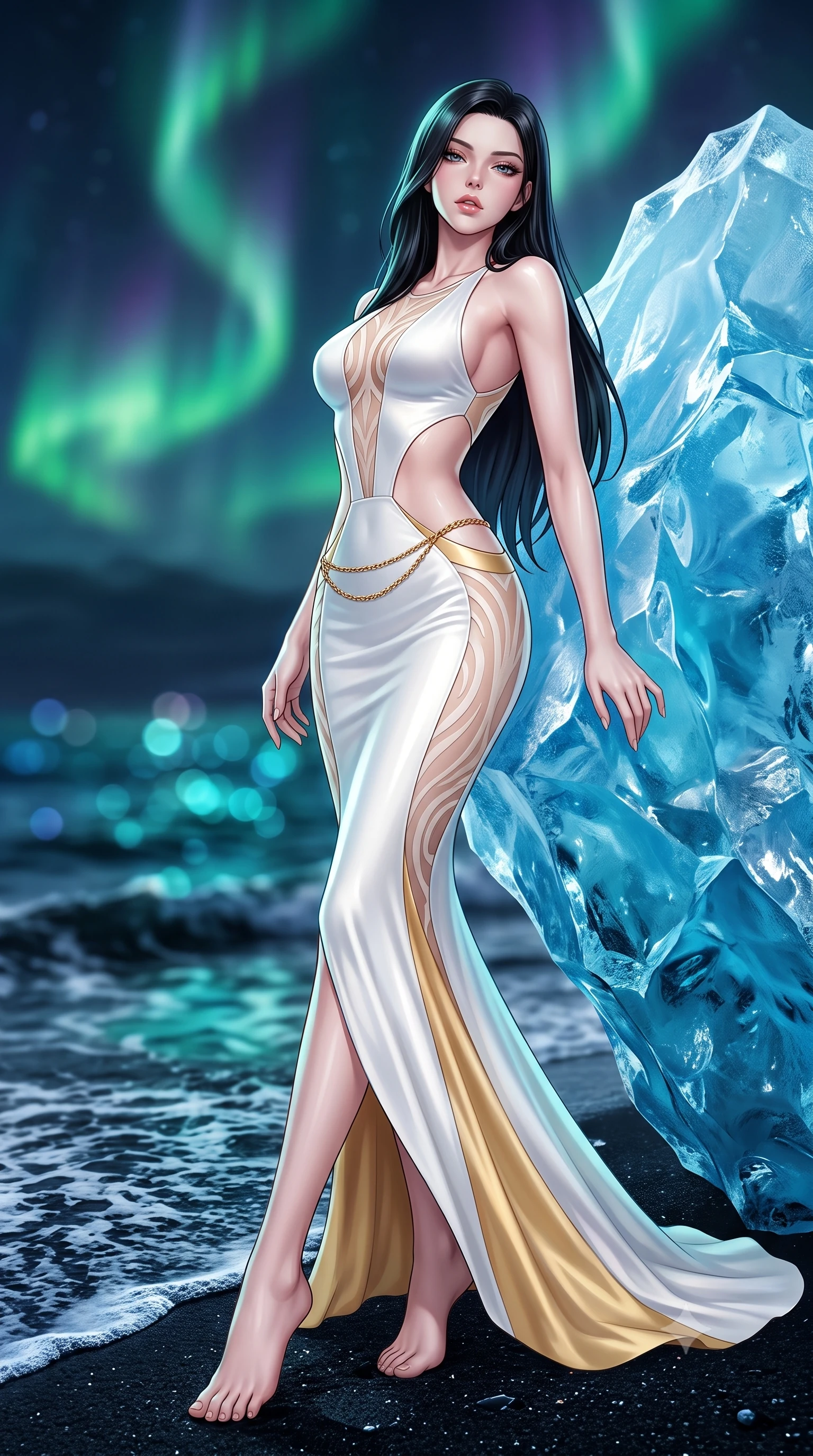 score_9, masterpiece, best quality, ultra-detailed, high-budget anime keyframe, semi-realistic 3D game render, editorial fashion photography, tasteful artistic composition, Korean woman. low angle full-body shot from head to toe showing her feet, filling the entire 9:16 vertical frame with her statuesque presence, stretching her vertical silhouette. striding forward in a proud supermodel runway stride, hips swaying in an alluring kinetic rhythm that accentuates her curvy hourglass silhouette while reclining against a massive crystal-clear blue iceberg stranded on the jet-black volcanic sand, arching her spine as Arctic waves lap near her feet. The composition keeps background elements in soft focus with creamy bokeh. swirling emerald and violet aurora ribbons and dark Arctic ocean breakers blurred into luminous teal, sapphire, and obsidian bokeh. She has an exceptionally tall and slender model-like 8.5-heads proportion, an ultra-slim waist, a flat toned midriff, narrow delicate ribcage, and beautifully sculpted feminine hips creating a graceful, slim hourglass silhouette without any bulky heaviness, with impossibly long slender legs. sharp v-shaped jawline, high-bridge nose, intricate jewel-like eyes with depth, thick eyelashes, glossy parted lips with a natural sheen, intensely captivating and seductive bedroom-eyes expression, flawlessly proportioned anatomical accuracy, strict slender model proportions, natural body alignment, perfectly sculpted long slender limbs, ultra-slim waistline, clean dynamic posture without body distortion. wearing a sculptured liquid-satin mermaid gown with an architectural open-waist cutout and bare spine in pure alabaster white and sun-kissed gold, made of sheer contouring power-mesh with velvet flocking patterns, accented with a delicate gold chain belt resting loosely on her curvy hips, the precision-cut side openings and low-back scoop framing her graceful spine and the sensual sweep of her slim, toned hips. illuminated by crisp ice crystal specular highlights sharply carving her razor-sharp jawline, narrow waist, and curvy hips. highly saturated vibrant anime colors, detailed shading with soft gradients, rich glossy textures, high-contrast stereoscopic depth, volumetric dynamic lighting, master piece, 9:16 ratio