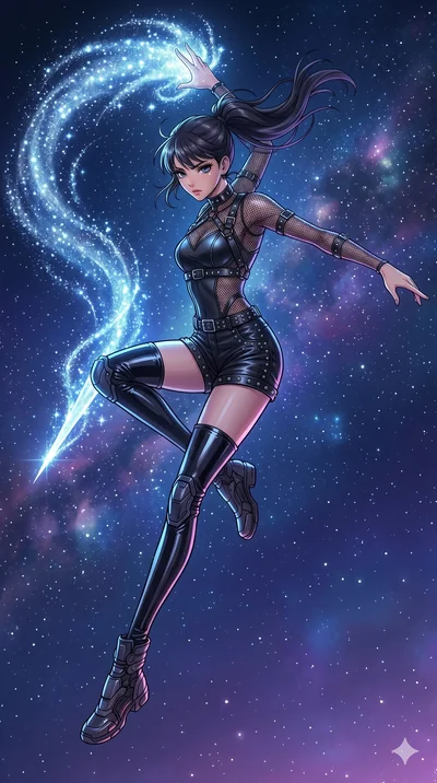 score_9, masterpiece, best quality, ultra-detailed, high-budget anime movie keyframe, cinematic anime lighting, intricate line art, Japanese woman. Mid-air action shot capturing a graceful twist and vertical silhouette. drawing stardust from the sky 